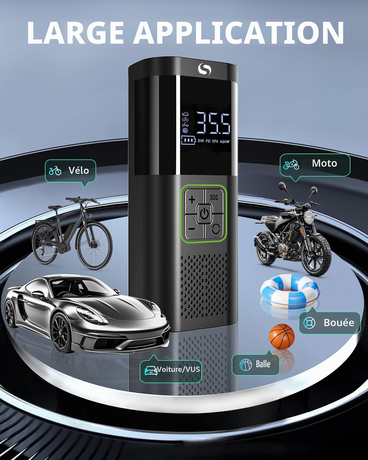 Compresseur à Air Portatif, Gonfleur Pneus Voiture sans Fil avec Jauge, Inflation Rapide, Arrêt Automatique, pour Voiture, Vélos et Motos, Pompe à vélo électrique 150 psi