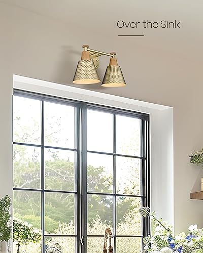 Miniatura 4 de FEMILA Lámparas de baño, luces de tocador de baño de 2 luces sobre espejo, apliques de pared de latón antiguo, pantalla de metal martillado,