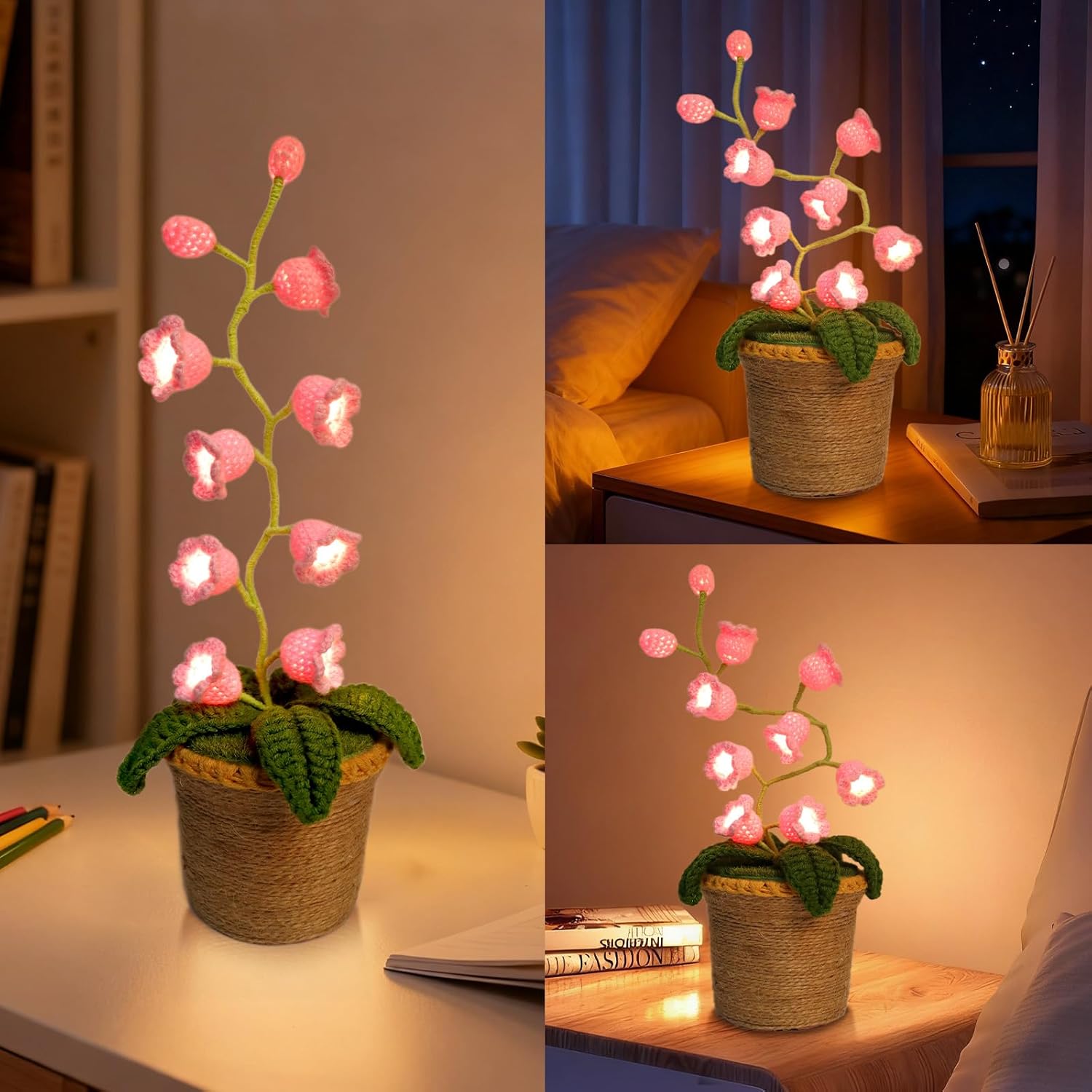 Lily of The Valley Lamp, Crochet Artificial Flowers with 10 Little Night Lights, Cordless Flower Bedside Lamps Small Table Lamp for Mothers Day,Birthday Gifts,Christmas,Valentine Home Decor (Pink)