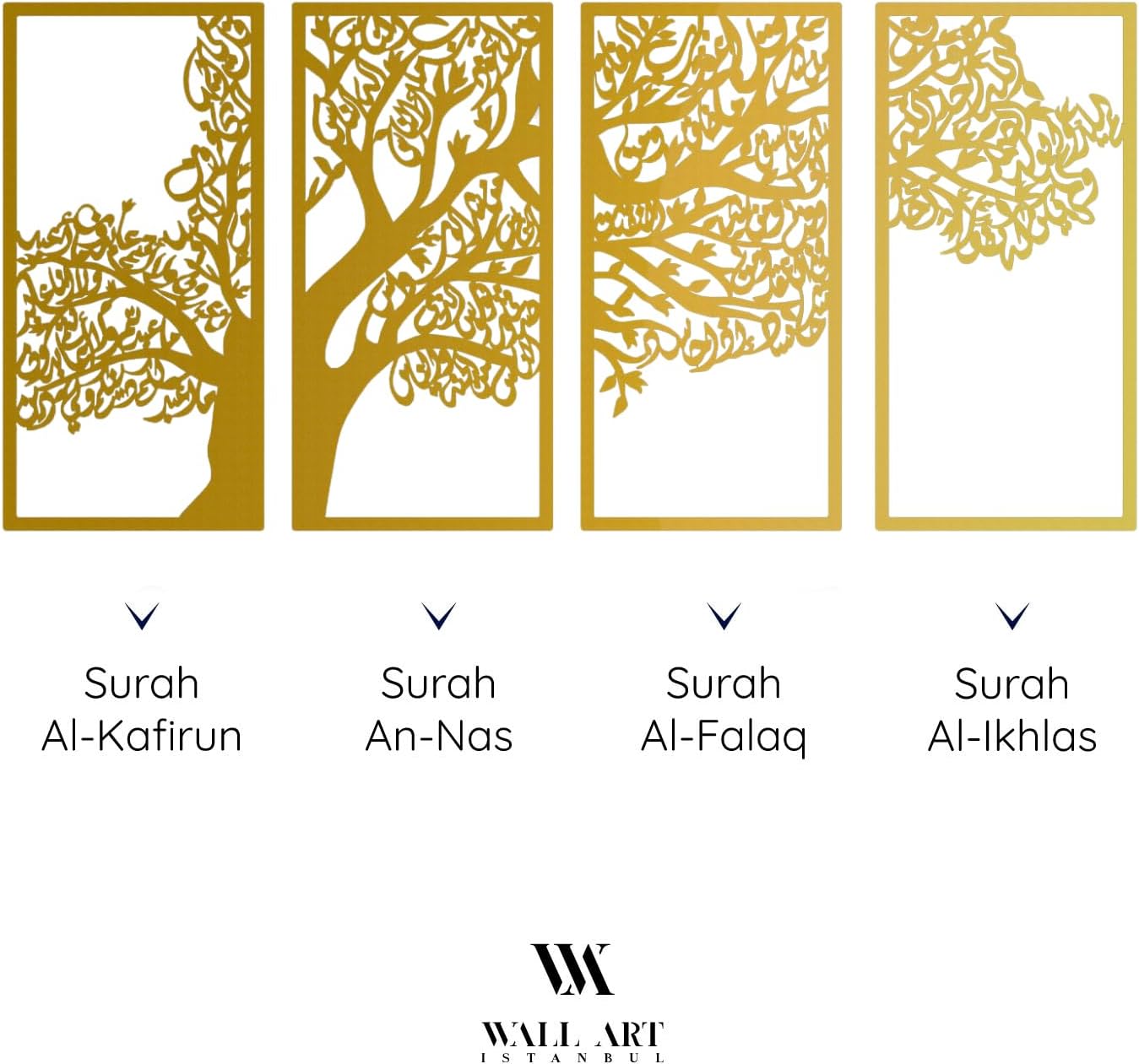 Large Metal Tree of Surahs (4 Quls) Islamic Wall Art Set of 4 (Surah Al Ikhlas, Al Falaq, Al Nas, Al Kafirun) - Arabic Calligraphy, Muslim Home Decor, Islamic Gifts (Total Size: 38.5 x 19 inches)