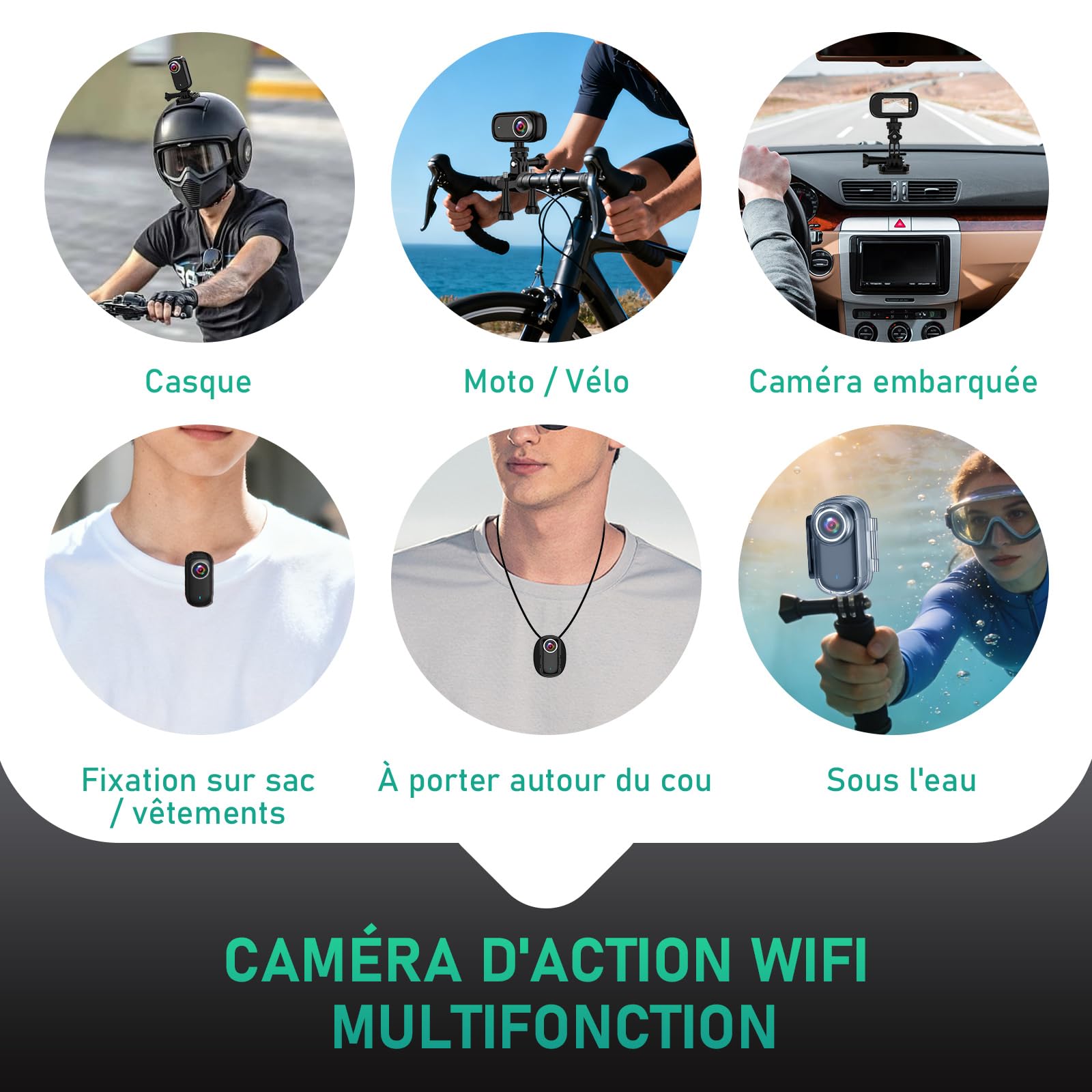 Caméra d'action WiFi 4K Étanche Minicaméra d'action pour Casque, Caméra de Sport WiFi 150° avec Écran 1,47 Pouces et Aimant, Petite Caméra Embarquée pour Moto, Vélo et Vlog de Voyage