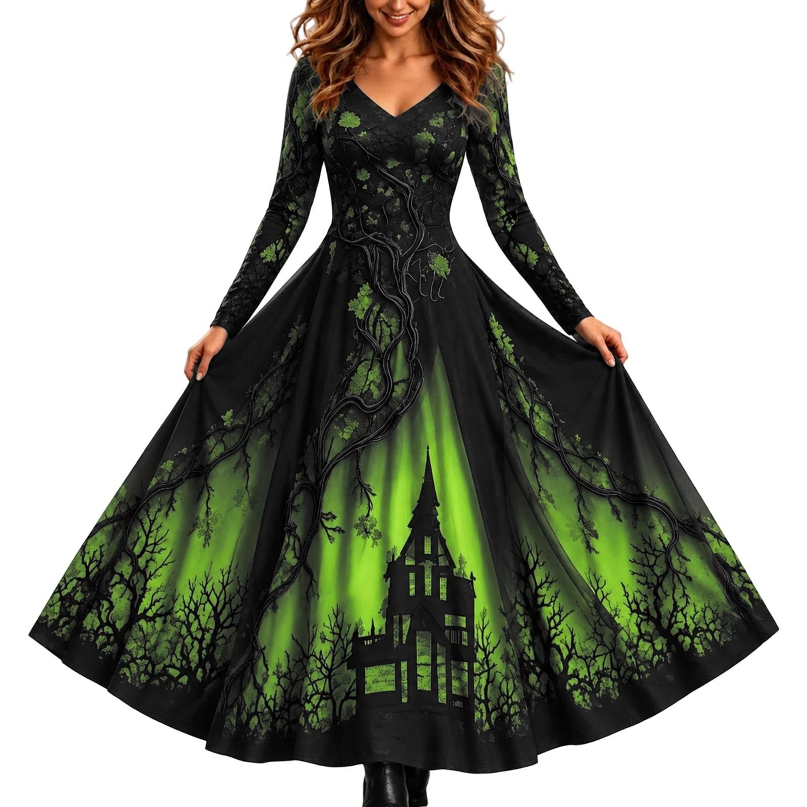 Medieval Costume Women Witch Dress Halloween Vintage Round Neck Long Sleeve Victorian Dresses Scary Print Floor Length Renaissance Gothic Maxi Dress for Party Events Cosplay — image 1