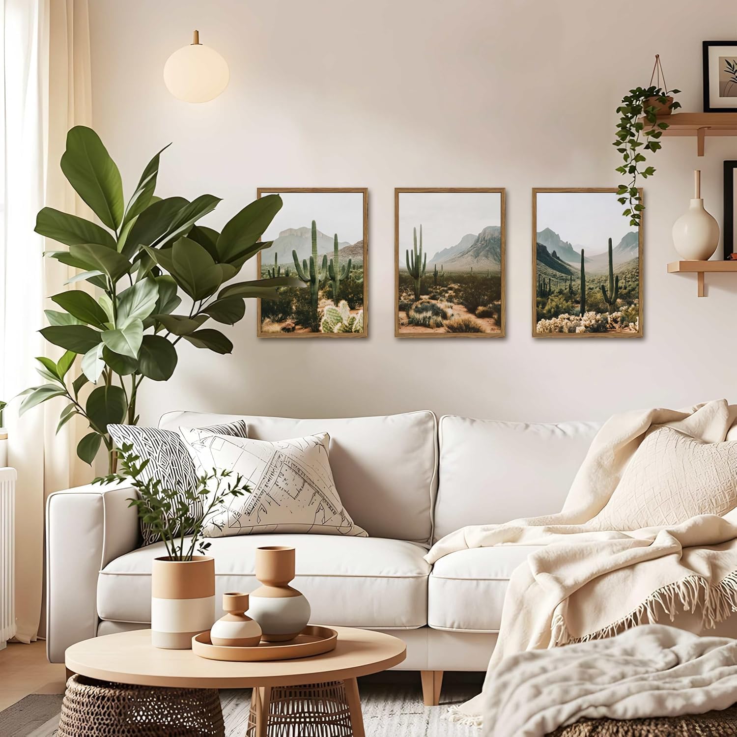 Framed Desert Landscape Wall Art Set of 3, Vintage Southwestern Cactus Wall Decor Paintings, Mexican Mountain Botanical Pictures Canvas Prints for Living Room Bedroom Bathroom Office 12x16 inch