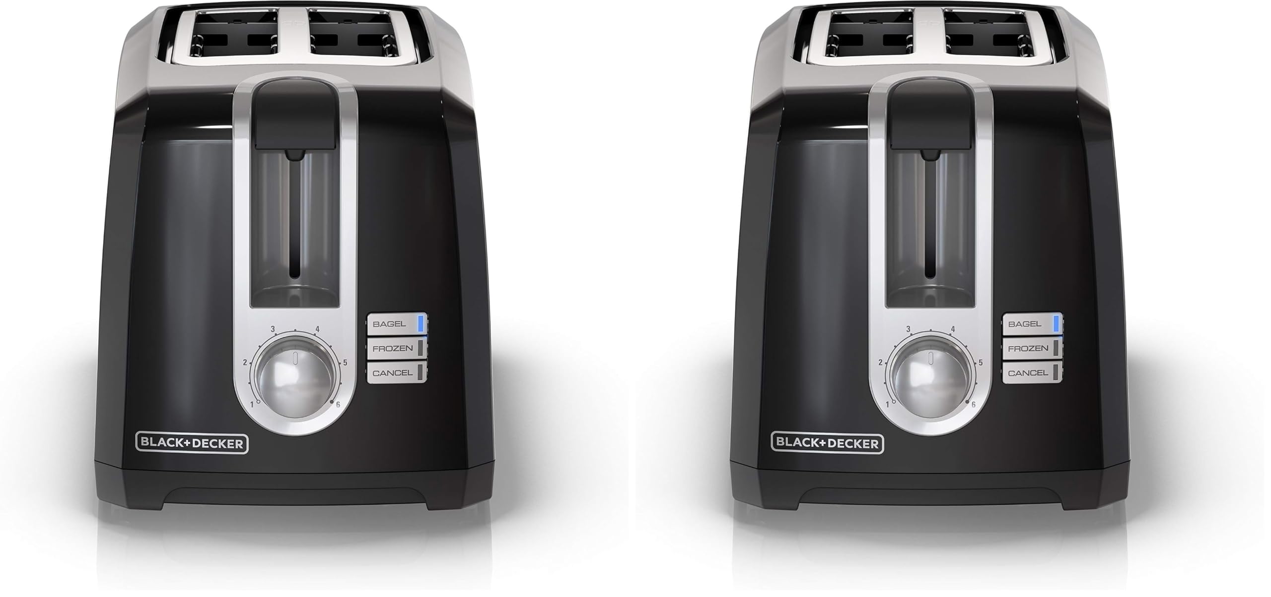 BLACK+DECKER 2-Slice Toaster, Extra Wide Slots for Bagels &amp; Thick Bread, 6 Browning Settings, Removable Crumb Tray, Cancel Button, 850W, Black (Pack of 2)