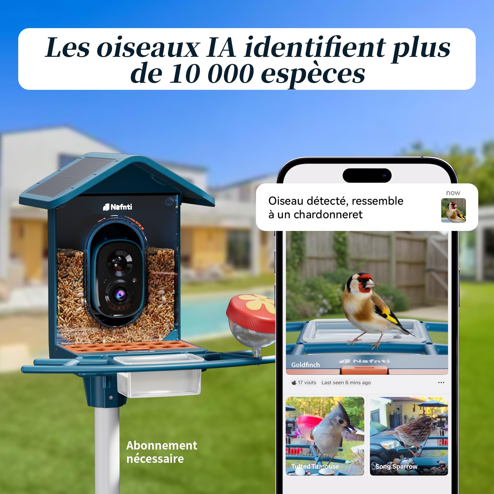 Mangeoire oiseaux extérieur avec caméra 2K, reconnaissance IA des espèces via application, solaire, WiFi 2,4/5 GHz, vision nocturne, notifications instantanées