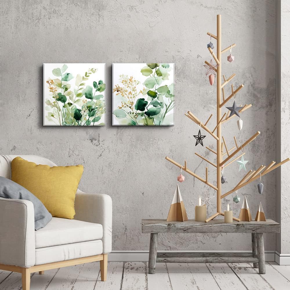 Ansouyi Spring Set of 2 Canvas Wall Art, Watercolor Green Leaves Botanical on Canvas Prints Artwork for Living Room Bedroom Bathroom Office Modern Home Decorations, 12x12 inch