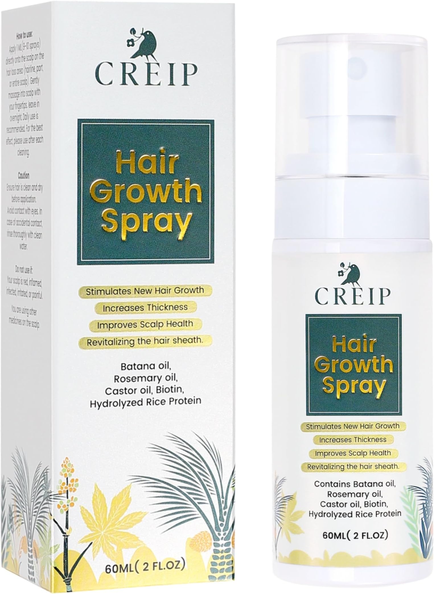 Creip Hair Oil Spray for Hair Growth with Rosemary Oil for Hair: Natural Hair Oil with Rosemary Oil Castor Oil Organic Batana Oil Rice Water Biotin as Hair Treatment for Women and Men, 60 ml
