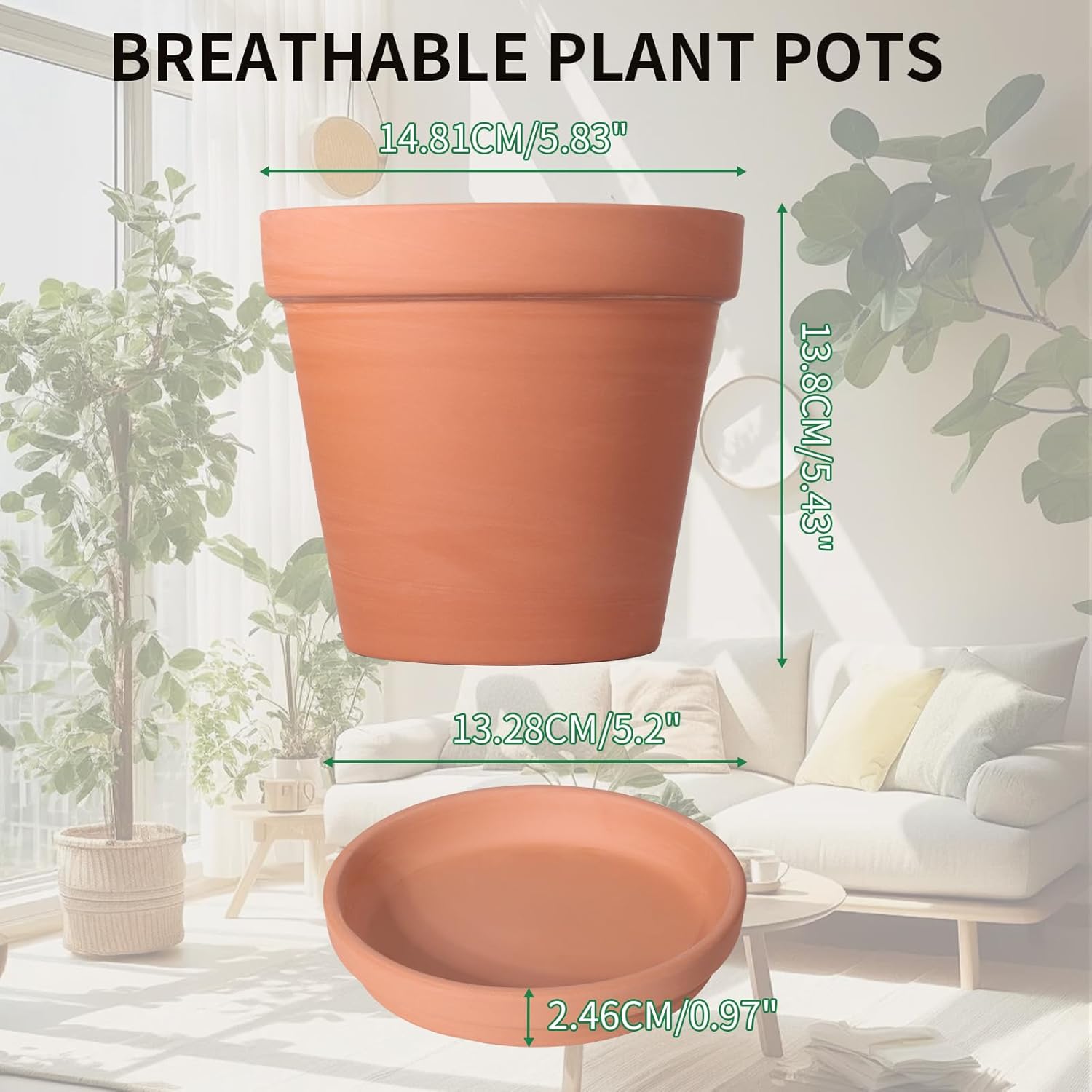 6 Inch Round Terracotta Pots, 4 Pcs Planters Pots with Drainage Holes and Saucer for Indoor Outdoor Gardening, Flower