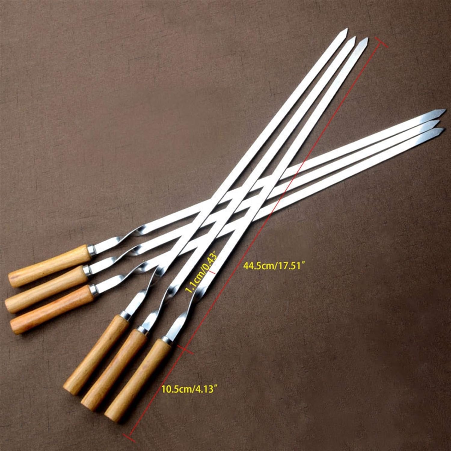 Skewers 55cm 21.5" Stainless Steel BBQ Skewers Shish Kebab Barbecue Grill Stick Wood Handle Fork Needle Long Flat Meat Set Camping Tool (Color : 6pcs)
