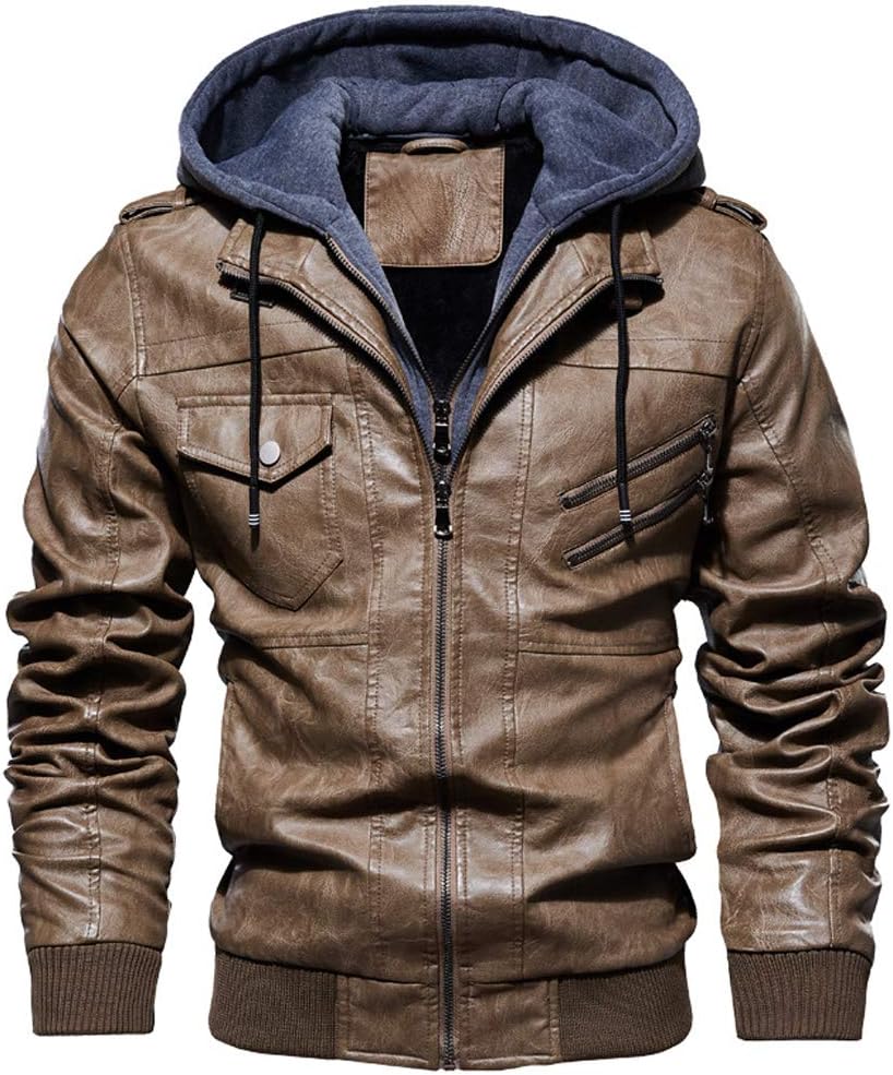 Men's Faux Leather Jacket Hooded Bomber Jacket Coat Vintage Motorcycle Jacket with Removable Hood