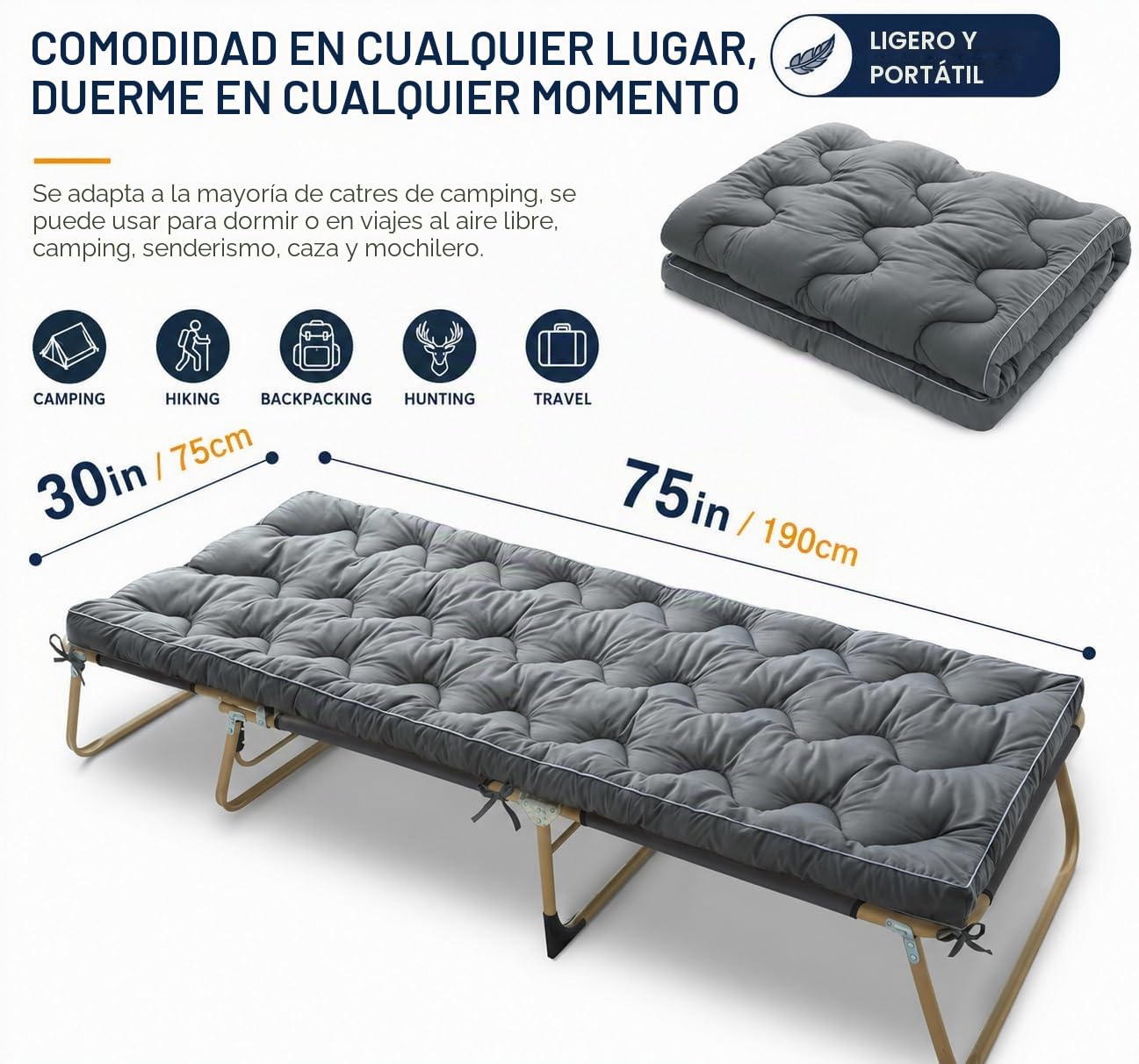 Jamdok Alfombrilla de dormir de camping de grosor mejorado para cama de camping (190 x 75 cm), colchón acolchado para adultos, almohadilla portátil para suelo