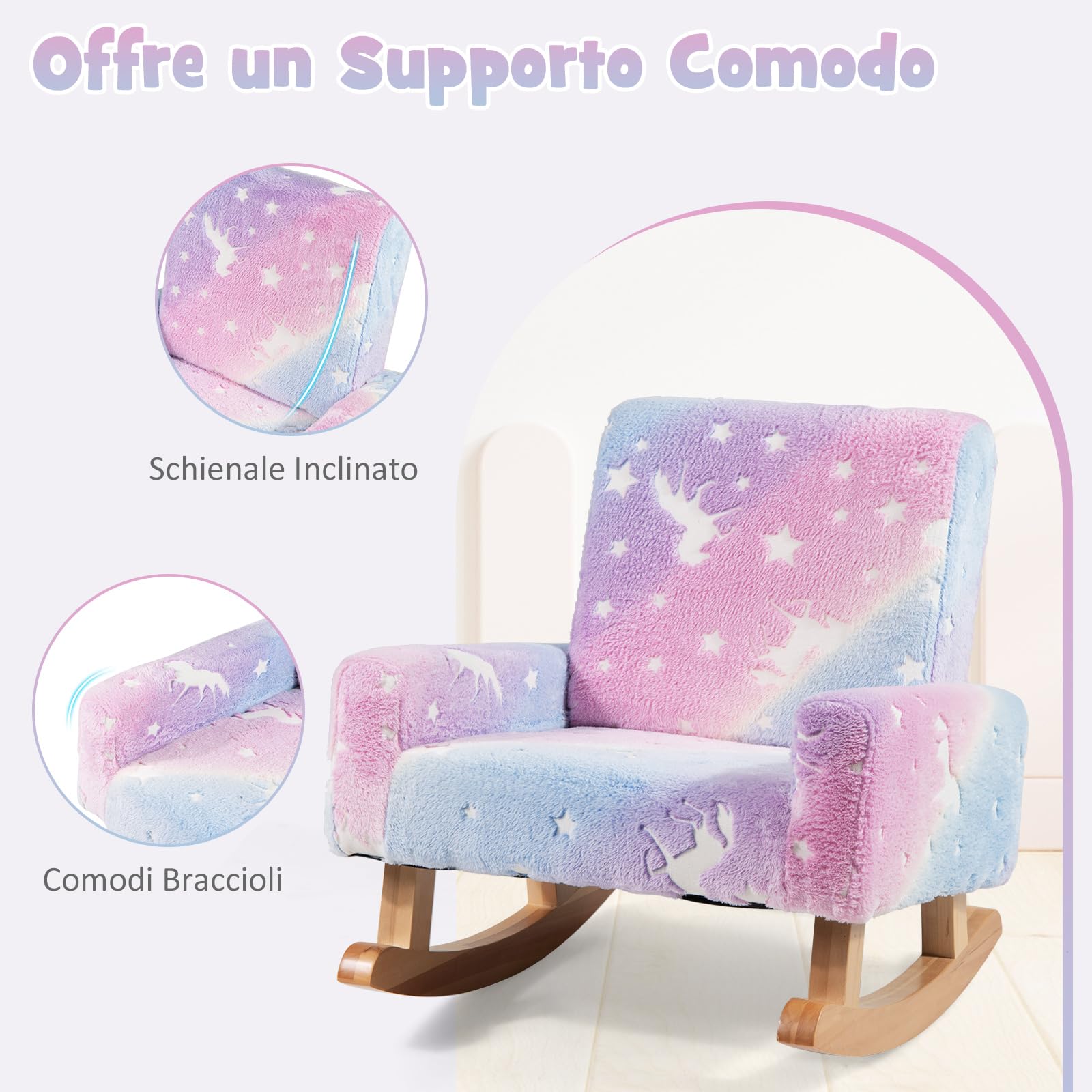 COSTWAY Sedia Dondolo per Bambini da 3 a 5 Anni, Poltrona in Flanella con Piedi a Dondolo in Legno, Motivi che si Illuminano al Buio,56 x 49 x 50 cm, Blu e Viola