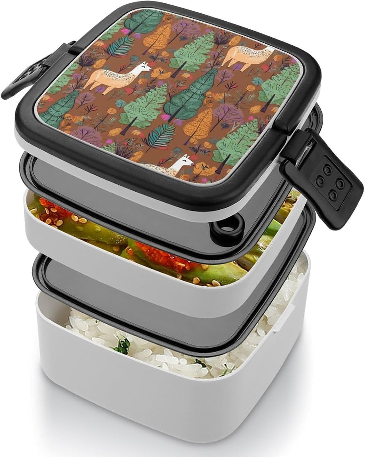 Bento Box with Spoon And Handle Alpaca in The Forest Printed Stackable Bento Box Portable Bento Lunch Box Container for Work Camping And Travel