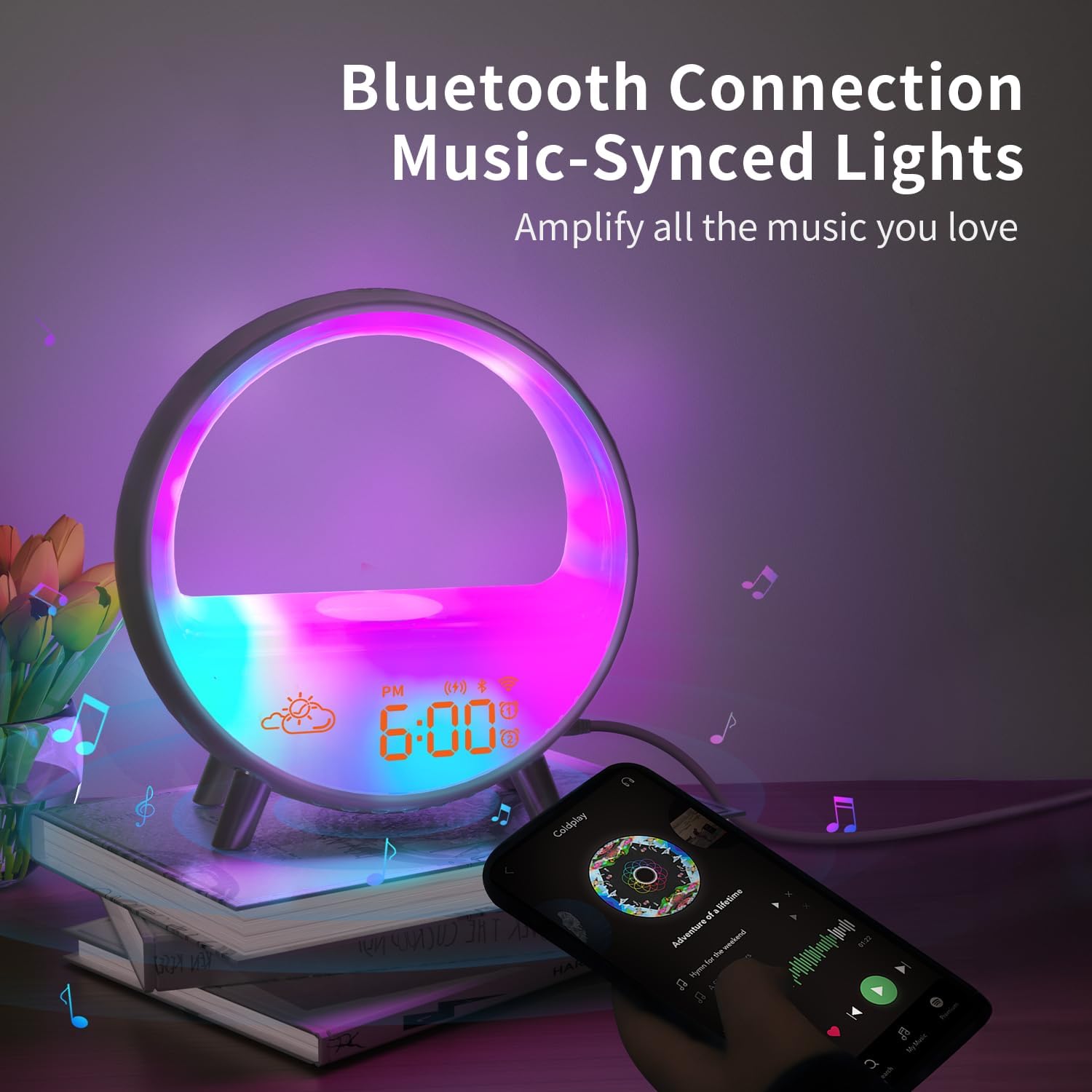 MOMILLA Smart Sunrise Alarm Clock with Wireless Charging, Wake up Light w/Bluetooth Speaker, APP Control White Noise Sound Machine, Compatible with Airpods/iPhone, Alarm Clocks for Bedrooms Adults