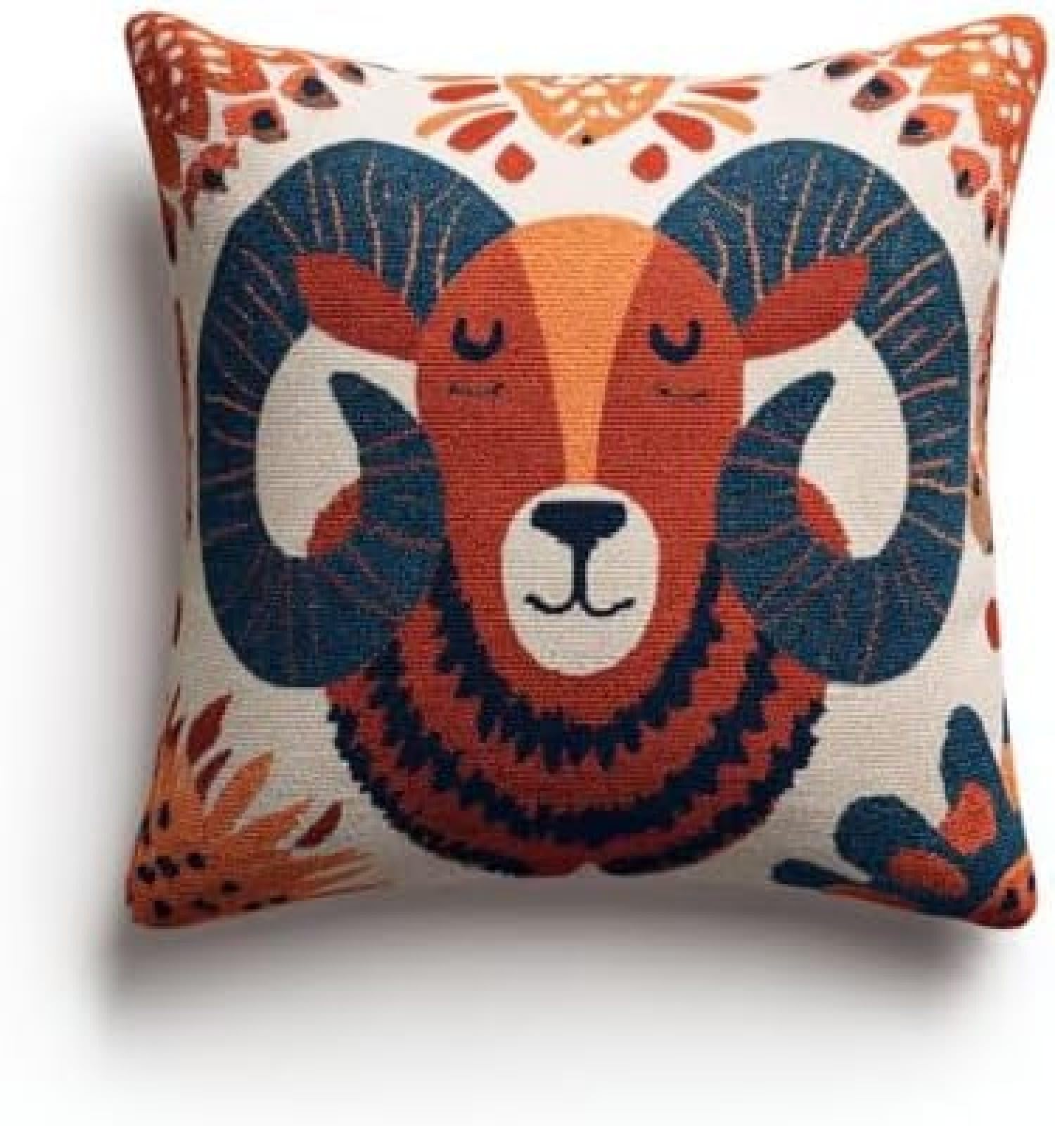 kitphoenix Bighorn Sheep Terracotta Geometric Patterns Cushion Cover Latch Hook Kit for Adults,DIY Craft Kit with Pre-Printed Canvas,Yarn and Hook,43x43 cm Handmade Home Décor