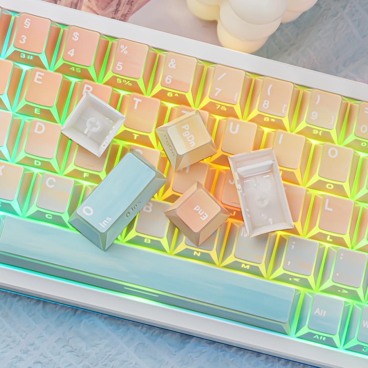 PBT Shine Through German Keycaps, 136 Keys Double Shot Side Printed Light Shadow Ocean Sunset Keycaps Dye-Sub Cherry Profile Keycap for Cherry MX Switch ISO QWERTZ Layout Mechanical Keyboards