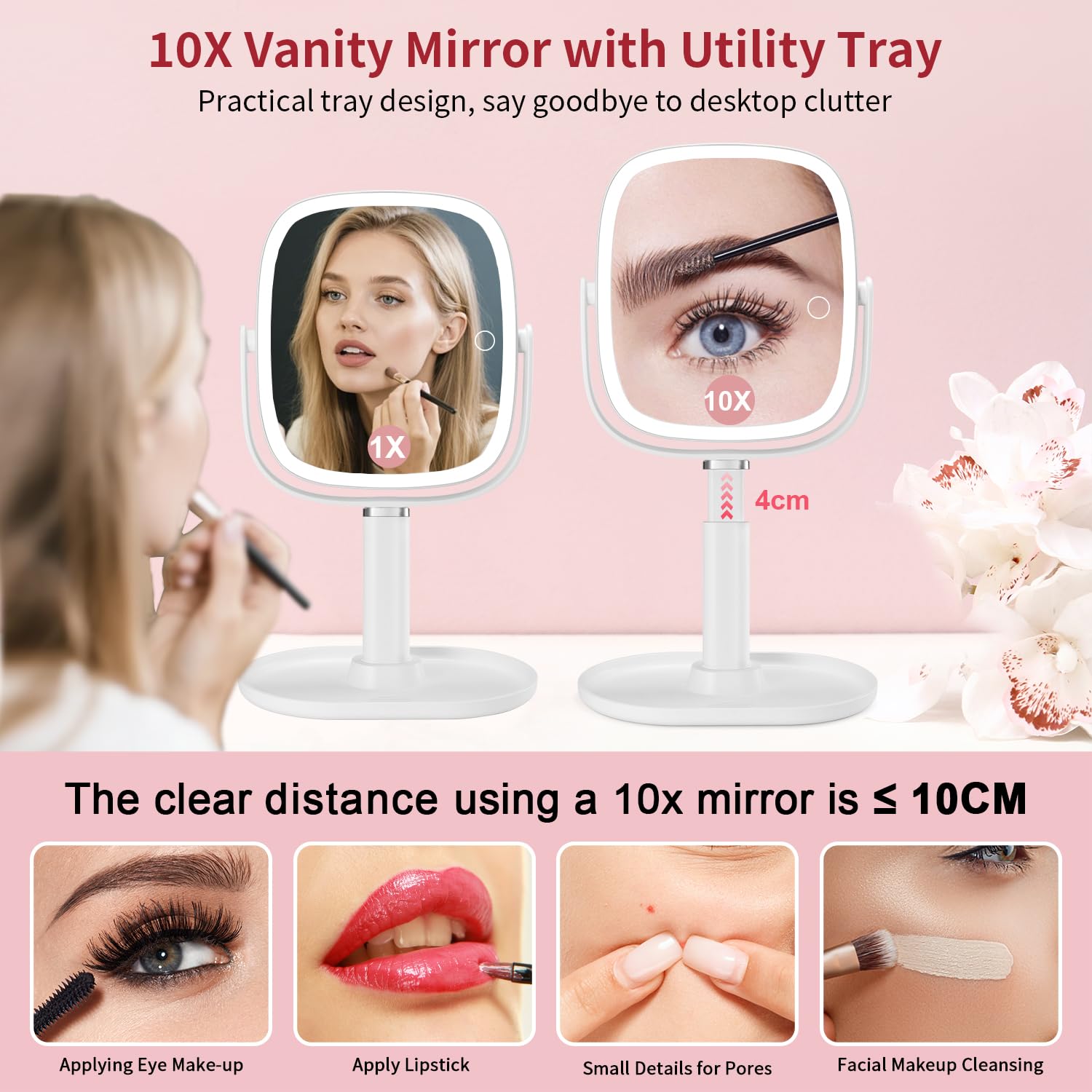 Vanexiss Espejo de maquillaje de aumento con luz, espejo de tocador grande 1X/10X, 3 modos de iluminación de color recargable, soporte ajustable, rotación de 360° y espejo de escritorio desmontable