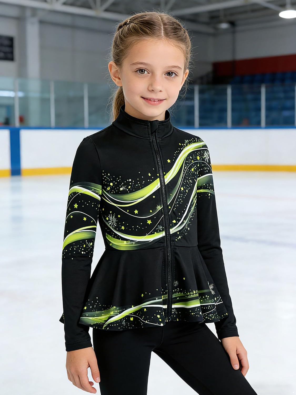 Girls Full Zip Skating Coat Long Sleeve Sweatshirt Printed Yoga Jacket Practice Dance
