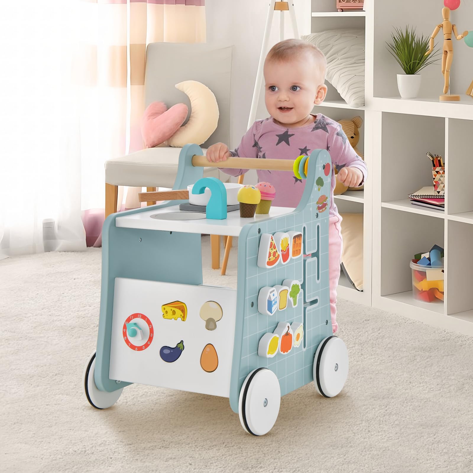 HONEY JOY Baby Push Walker, 6-in-1 Wooden Play Kitchen Walker Activity Center w/Shape Sorter & Blackboard, Develop Motor Skills, Push Toys for Babies Learning to Walk, Gift for Boys and Girls (Blue)