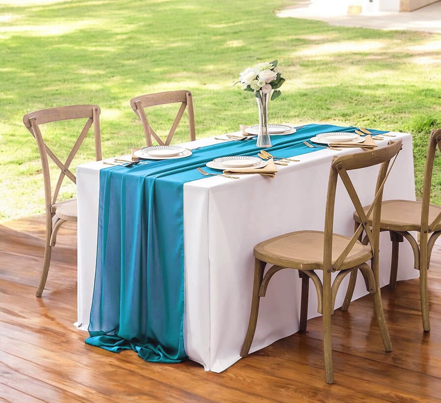 VDS - 5 PC | Peacock Blue 10ft Sheer Chiffon Table Runner 27x120 Inches Centerpiece Cloth Gauze for Wedding Bridal Shower Birthday Graduation Engagement Ceremony Event Party Banquet Table Decoration