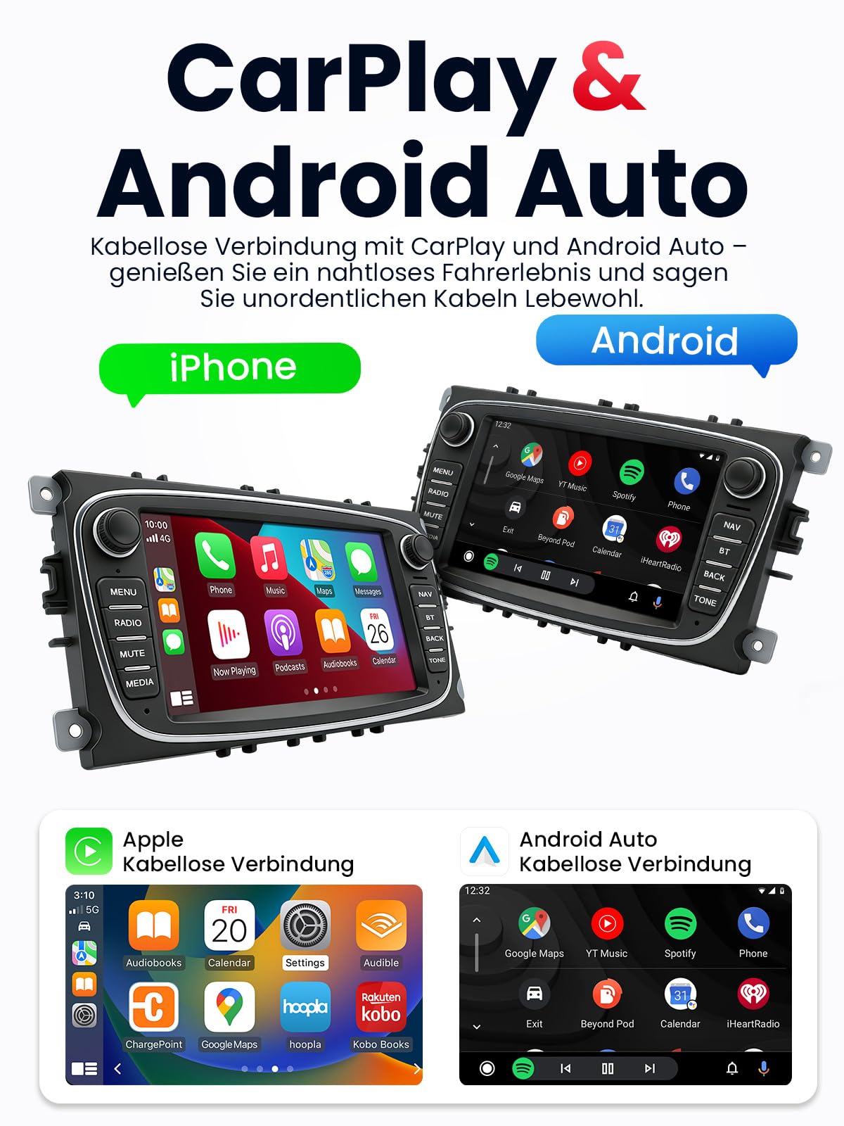 Doppel DIN Autoradio mit Bildschirm für Ford Mondeo Focus S-Max Galaxy, Wireless CarPlay & Android Auto, 7" Auto Radio Touch Display, 4GB+64GB, Bluetooth 5GHz WiFi DAB+ FM AUX GPS