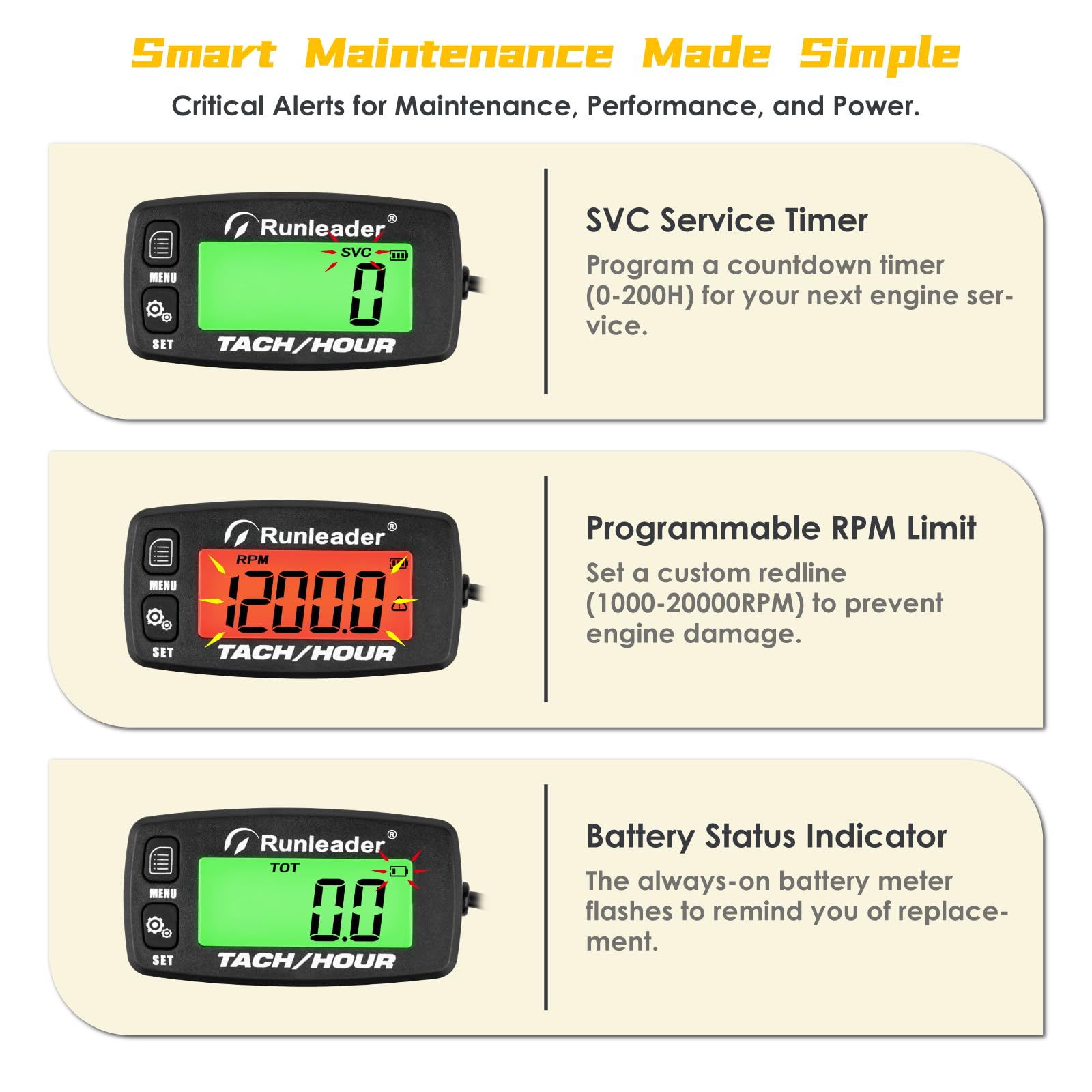 Tachymètre-Compteur Numérique : Batterie Remplaçable, Rappel Maintenance, Jauge RPM Rétroéclairée, pour Moteur Hors-Bord, VTT, Génétatrice, Tondeuse, Moto, Tronçonneuse, Autres Moteurs à Gaz