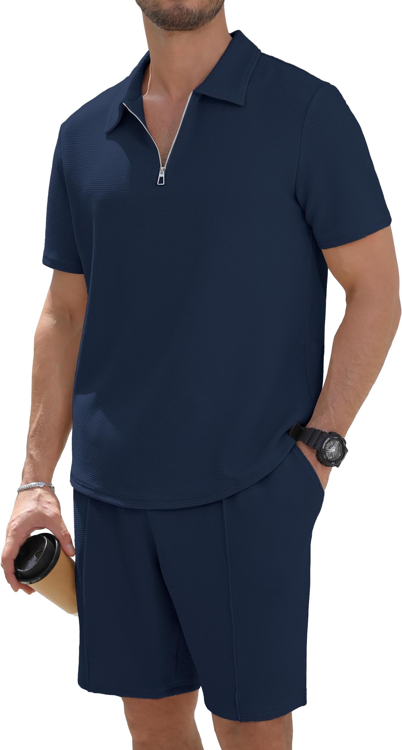 Men's 2 Piece Tracksuit Set - Short Sleeve Polo Gym Top & Zip Joggers for Casual, Running & Activewear