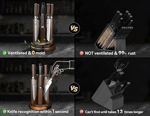 Miniatura 4 de Juego de cuchillos de cocina con bloque magnético y afilador, juego de cuchillos de 14 piezas, soporte giratorio de 360, juego de cuchillos de acero