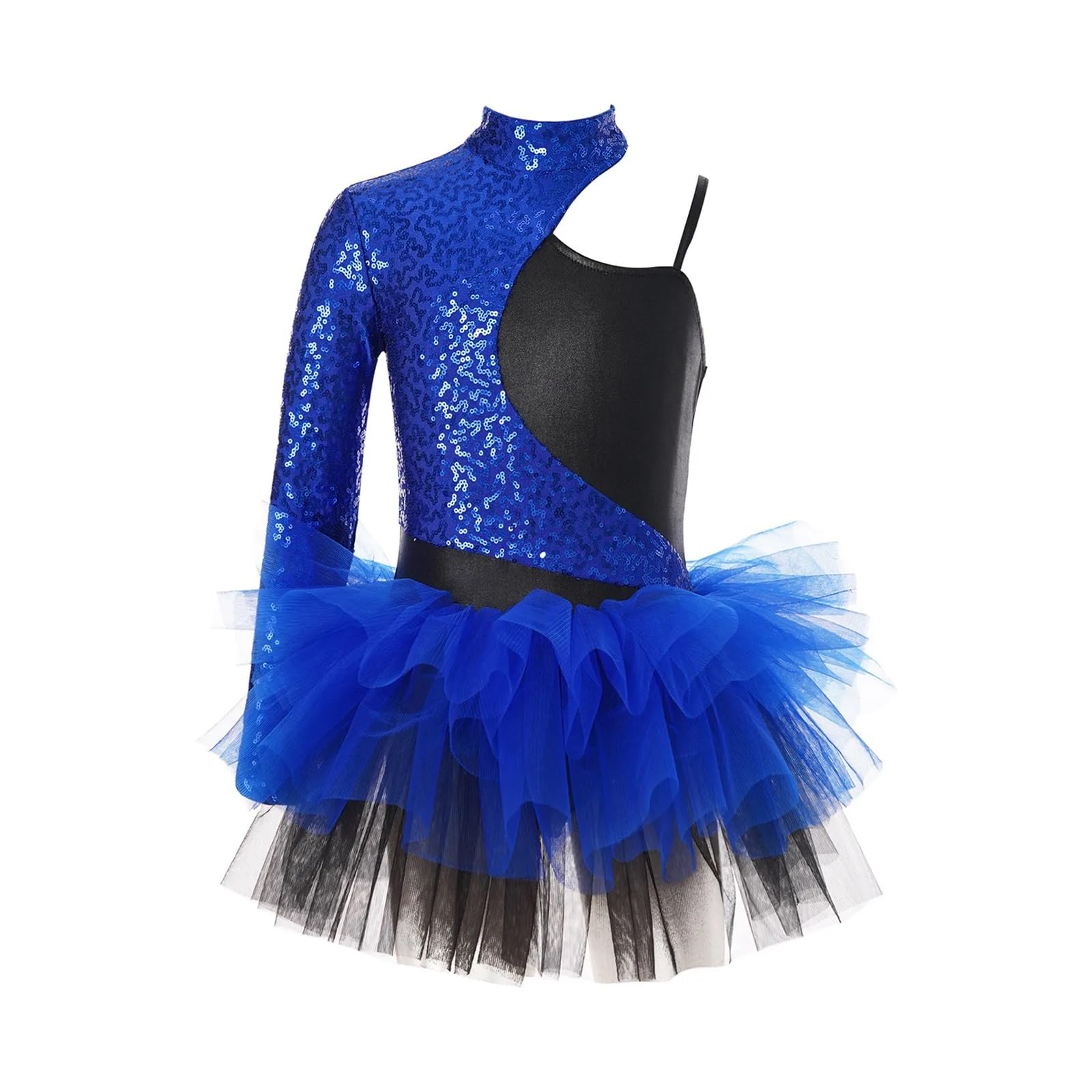 Maillot patinaje artistico Vestido de lentejuelas brillantes for niñas, falda de tul con mangas asimétricas, leotardo de gimnasia, Ropa de baile for adolescentes, trajes de baile de Jazz for niños(Blu