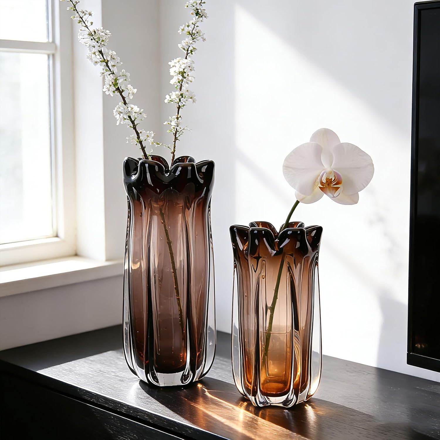 Blown Purple Brown Glass Vase, 9.6 Inch - Art Wide Mouth Glass Vase for Living Room Centerpiece Decor, Coffee Table, Fireplace Mantel, Floral Arrangement & Home Accents (Purple Brown, M)