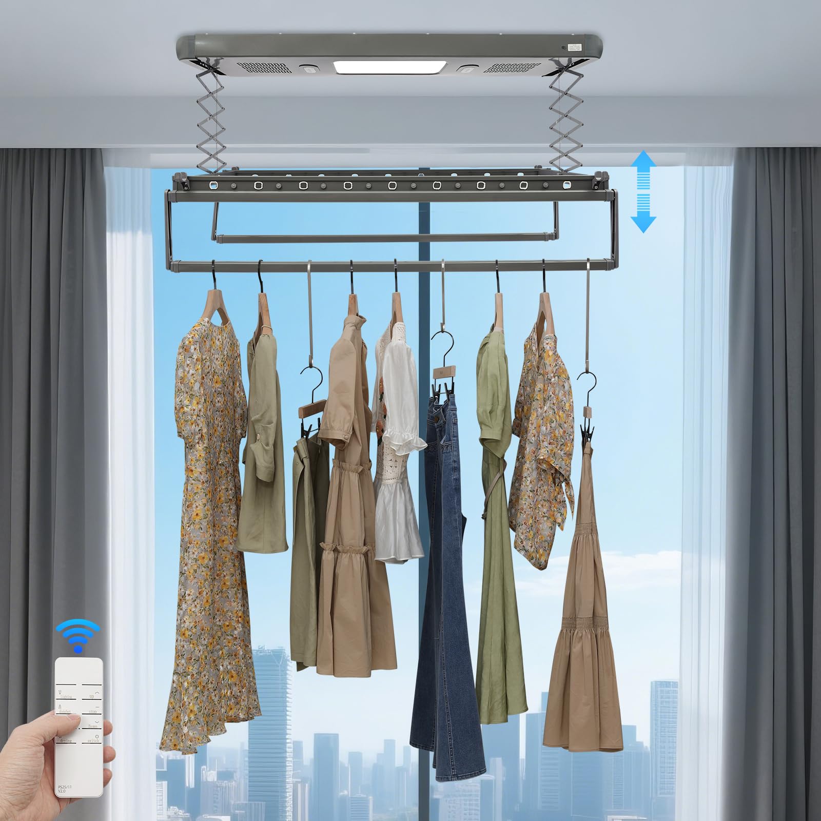 Elektrischer Wäscheständer Deckenmontage, Fernbedienung Teleskop, Grau | Elektrischer deckenwäscheständer, teleskopierbar 130-215cm, led licht mit lüfter, 35kg tragkraft für balkon, Aluminium, Grau