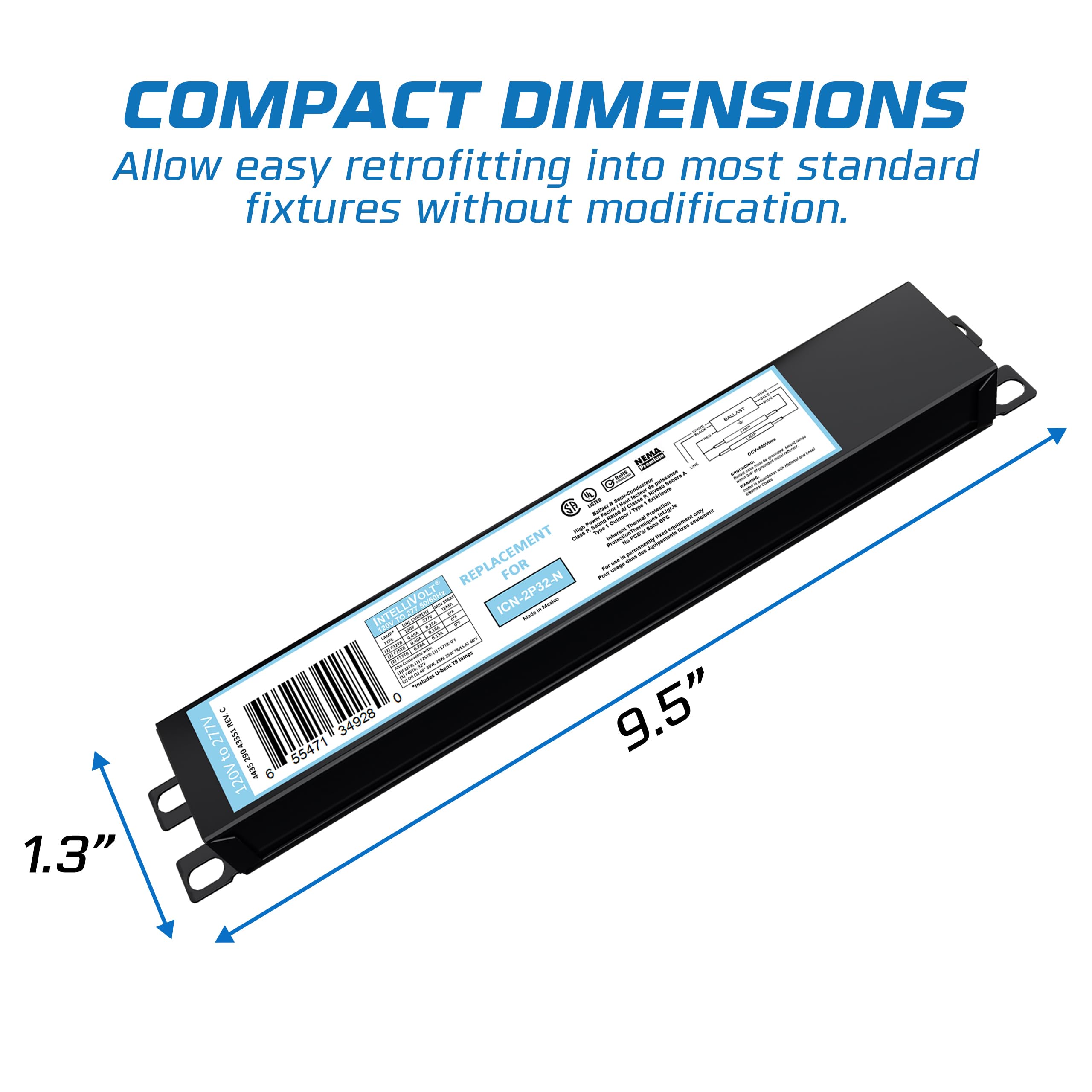10 Pack - Replacement for ICN-2P32-SC 1 & 2 Lamp T8 Fluorescent Electronic Ballast - 120-277 Volt - Instant Start - UL Approved