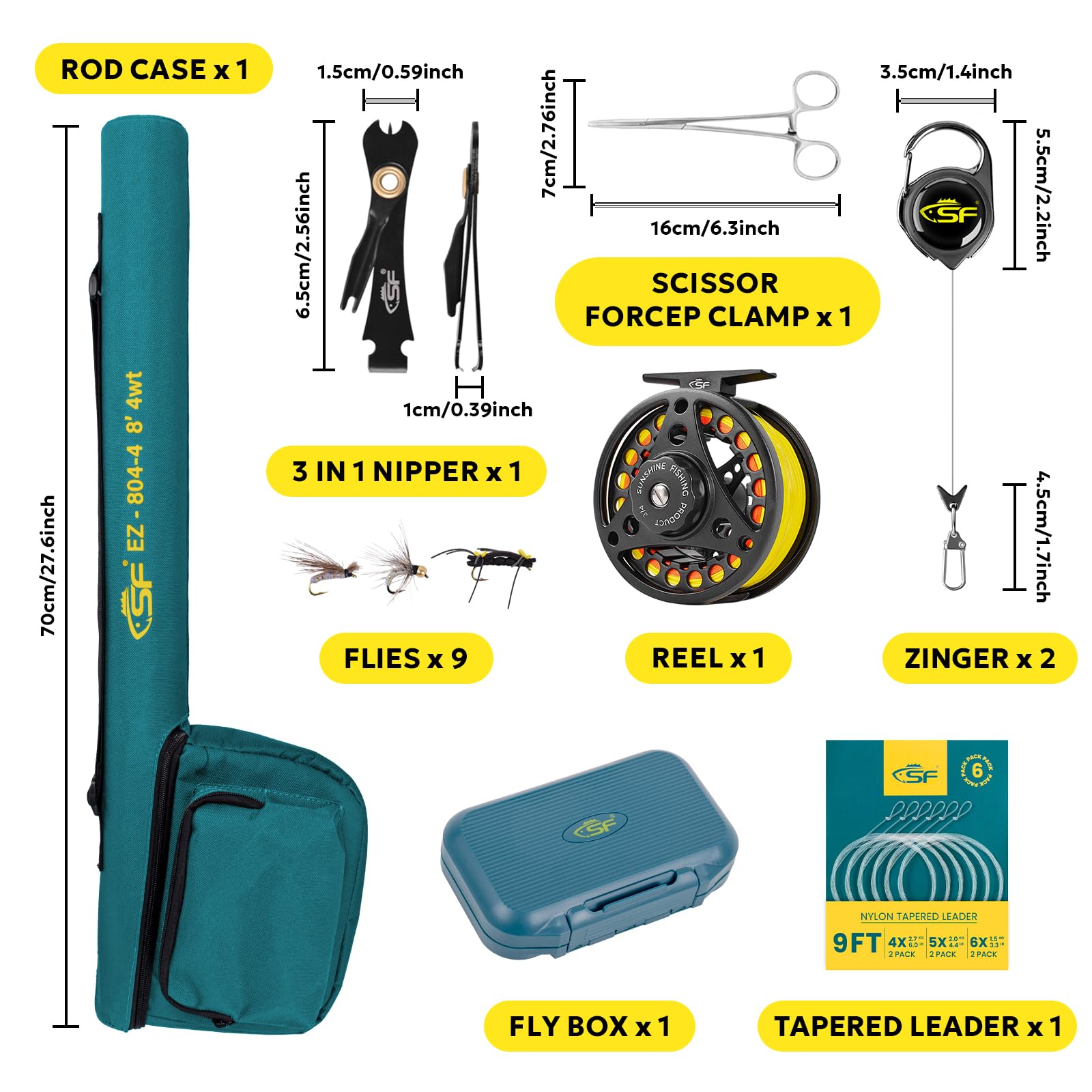SF Fly Fishing Rod Combo 4 Pack 3w 8ft 4w 8ft 5/6/7/8w 9ft Emerald Green 24T Carbon Fiber Rod with Case, Pre Spooled Reel, Fly Box with Flies Tapered Leader