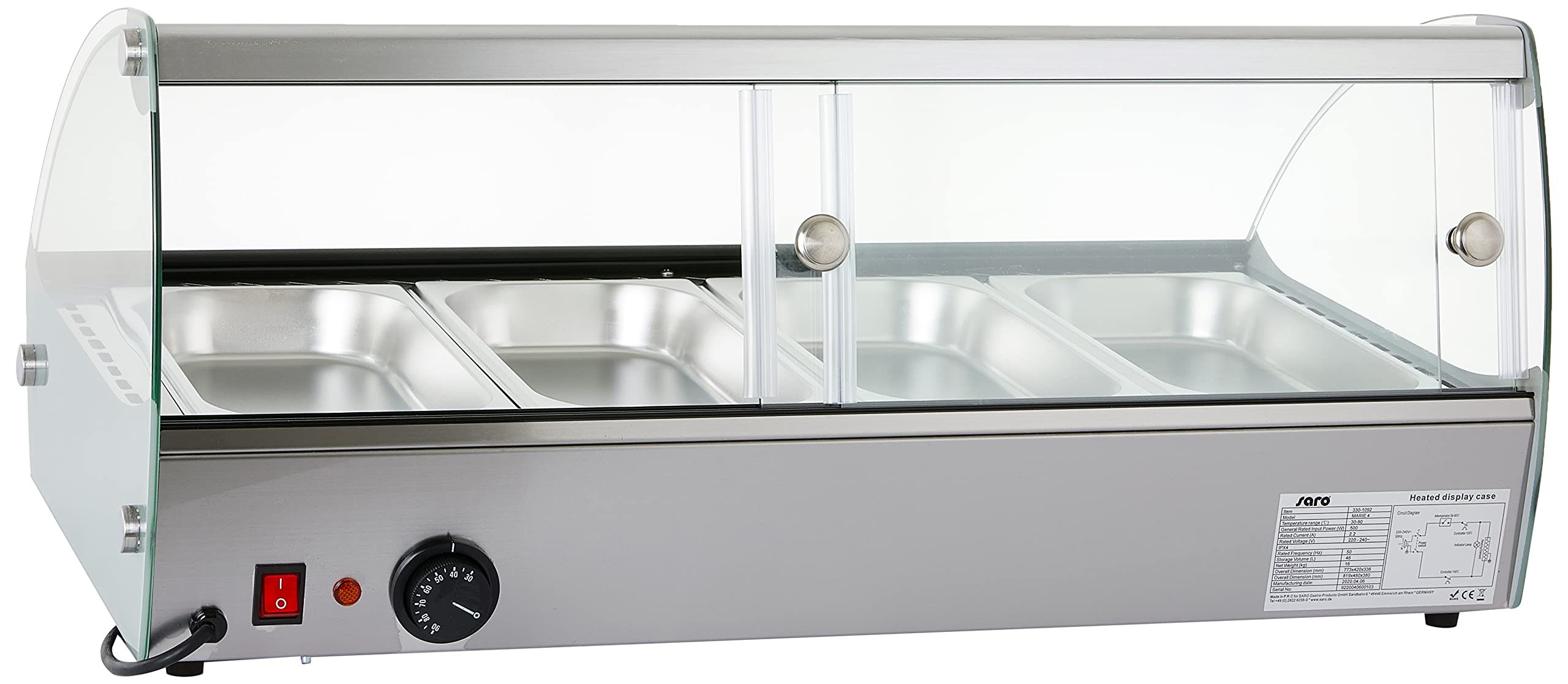 SARO MARIE 6 Vitrina caliente, 68 l, incluye 6 GN 1/3 de 40 mm, acero inoxidable y cristal, temperatura +30 a +90 °C, 0,8 kW