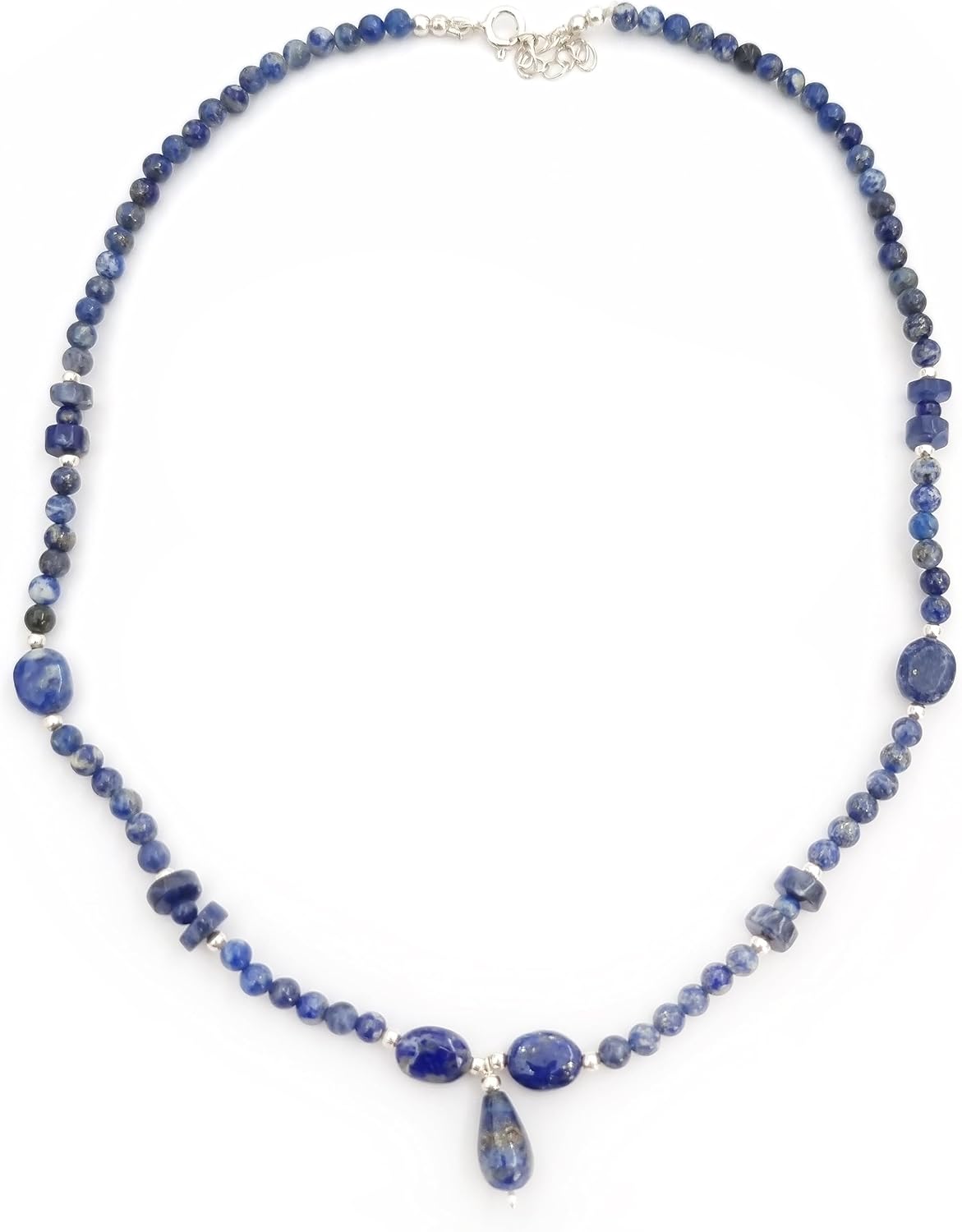 Blue Lapis Lazuli Beaded Necklace Strand Sterling Silver Gemstone Jewelry September Birthday Gift for Women