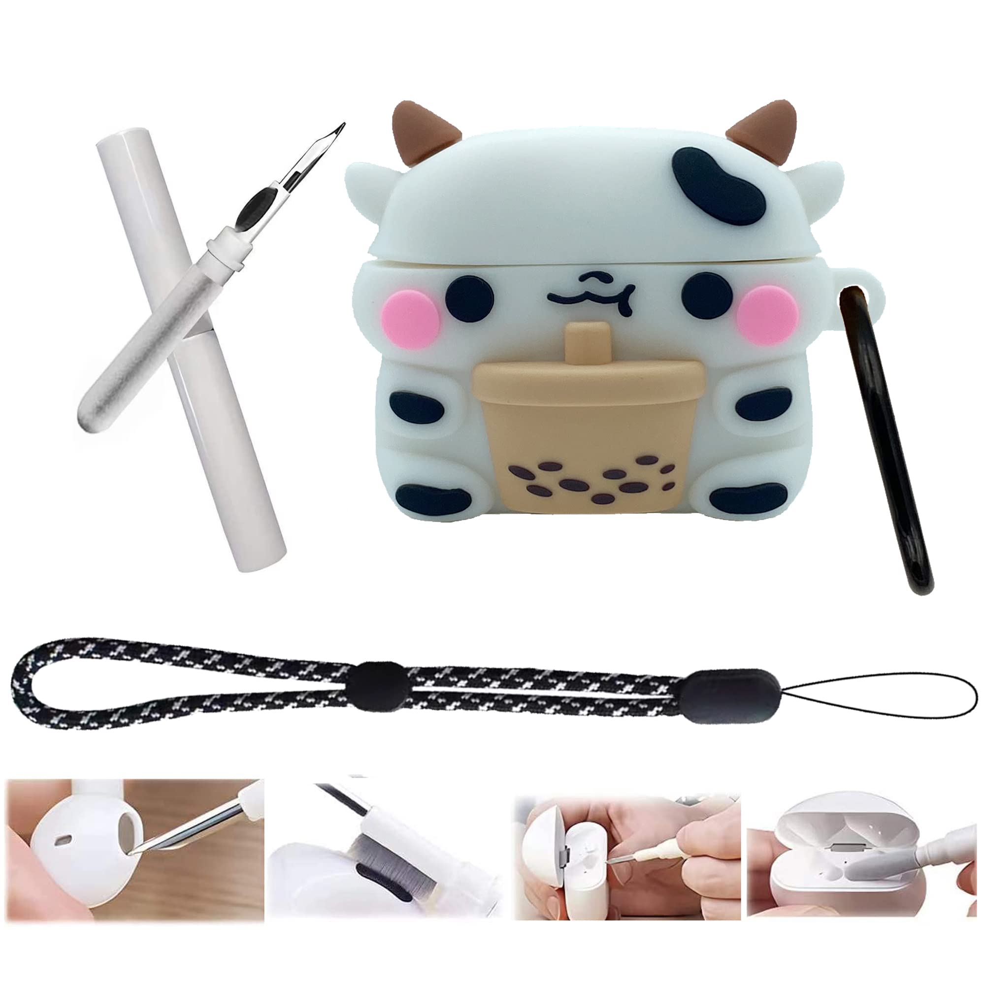 sgpcn Airpod 3 Case,3D Cute Cover for Airpod 3nd Generation Case,Cool Cartoon Anime Design Series and Lanyard+Keychain+Earphone Cleaning Pen 4in1 for Girls Boys Kids Teens Airpod 3 Case (Boba Tea Cow)