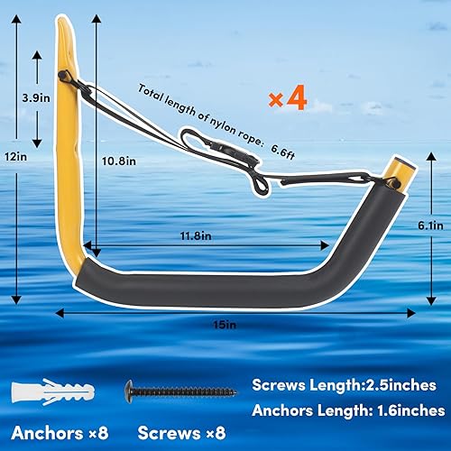 Miniatura 9 de Estante de almacenamiento de kayak, soporte de kayak para garaje, soporte de pared para kayak con correas de nailon, gancho de kayak resistente