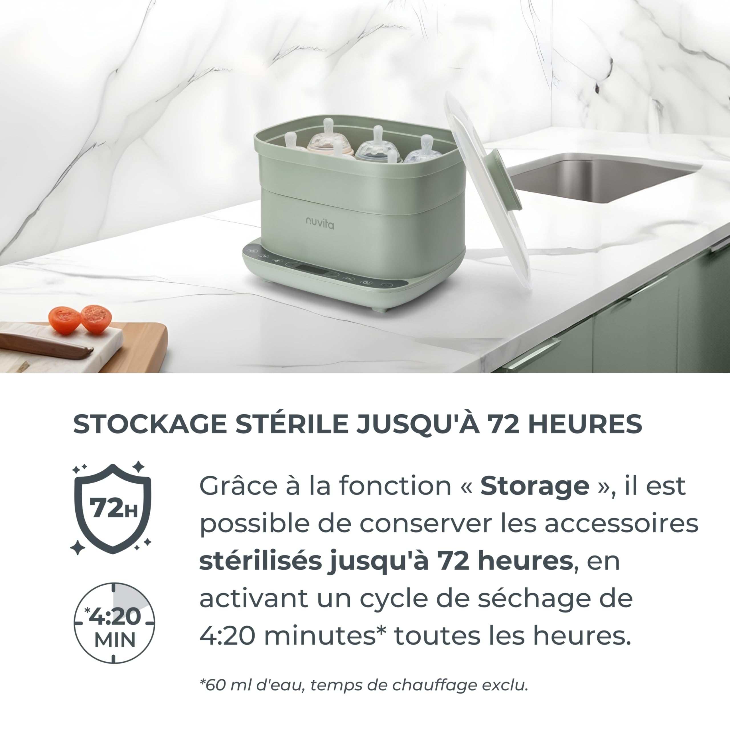 Nuvita 1088 SteriDry Stérilisateur et Séchoir 2-en-1 pour Biberons - Stérilisation à Vapeur 99,99%, Filtre HEPA pour un Séchage Purifié, Conservation Stérile pendant 72H, Grande Capacité, Minuterie