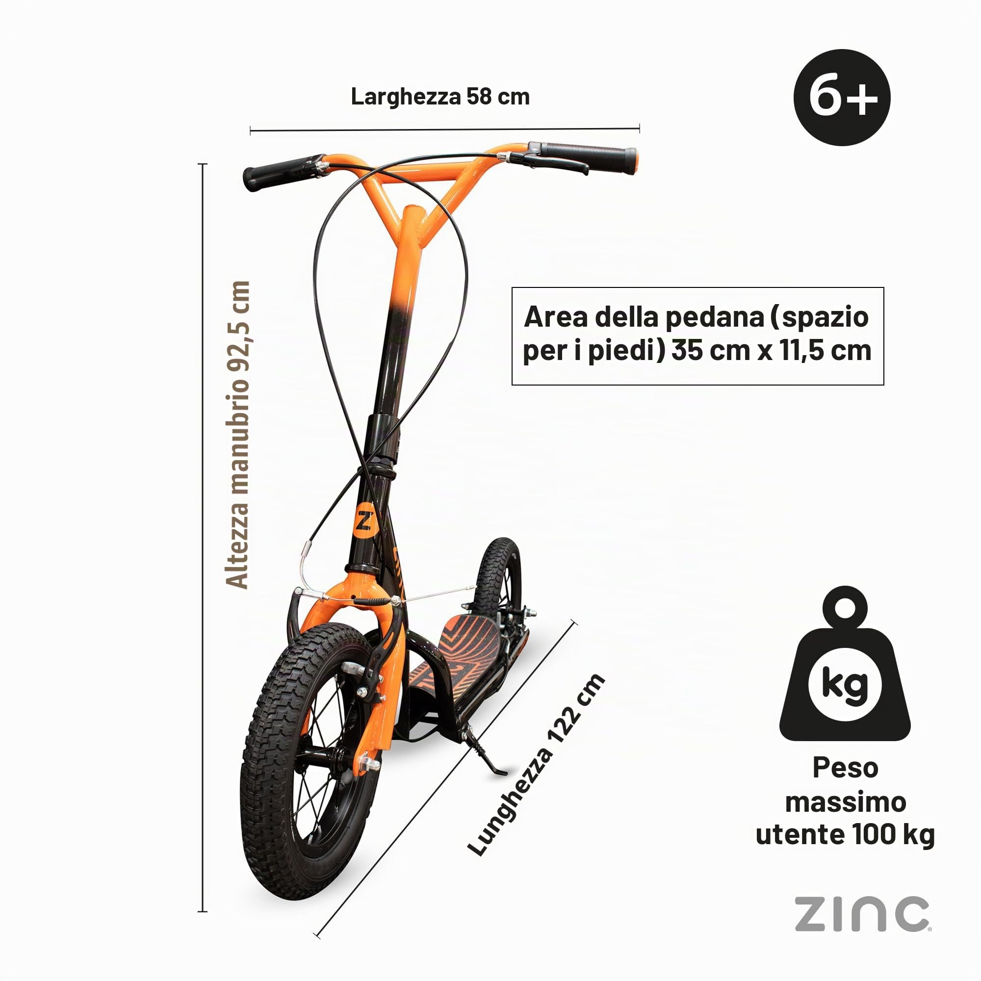 Zinc BMX Scooter for Kids Ages 6+ – 12 Inch Big Wheel Stunt Scooters with 360 Degree Handlebar Spin, Height Adjustable, Front & Rear Brakes, Steel Frame, Off-Road Tyres
