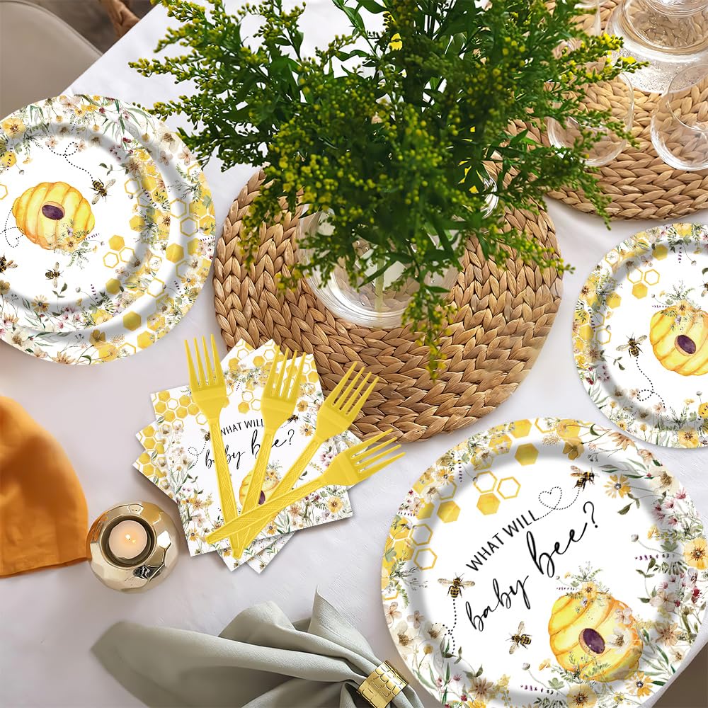 96-teiliges Bienengeschlechts-Enthüllungs-Partygeschirr mit Aufschrift "What Will Baby Bee Teller und Servietten", Babyparty-Set, Wabenblumen, Dekorationen für 24 Gäste