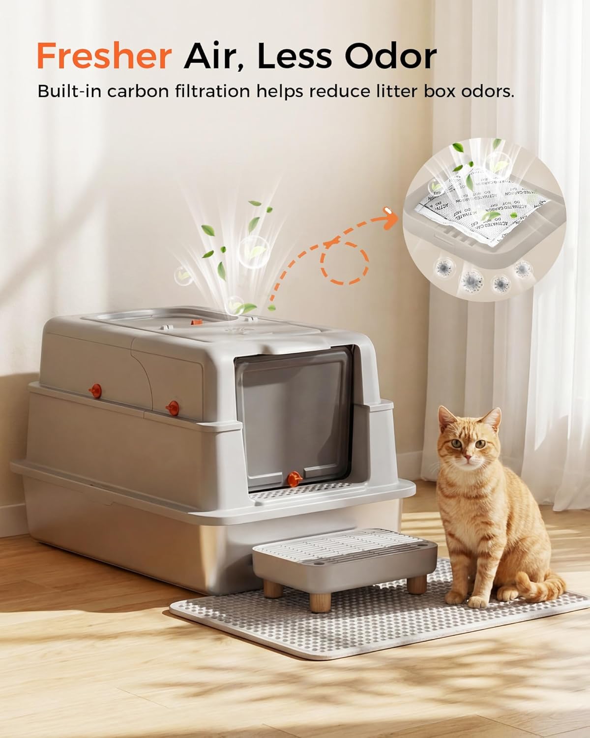 GTPLAYER XXXL Stainless Steel Cat Litter Box with Lid, Dual-Entry Enclosed Litterbox (Front Entry & Top Exit), High-Sided, Non-Stick, Odor Control, for Big Cats, with Mat, Scoop & Step, Grey