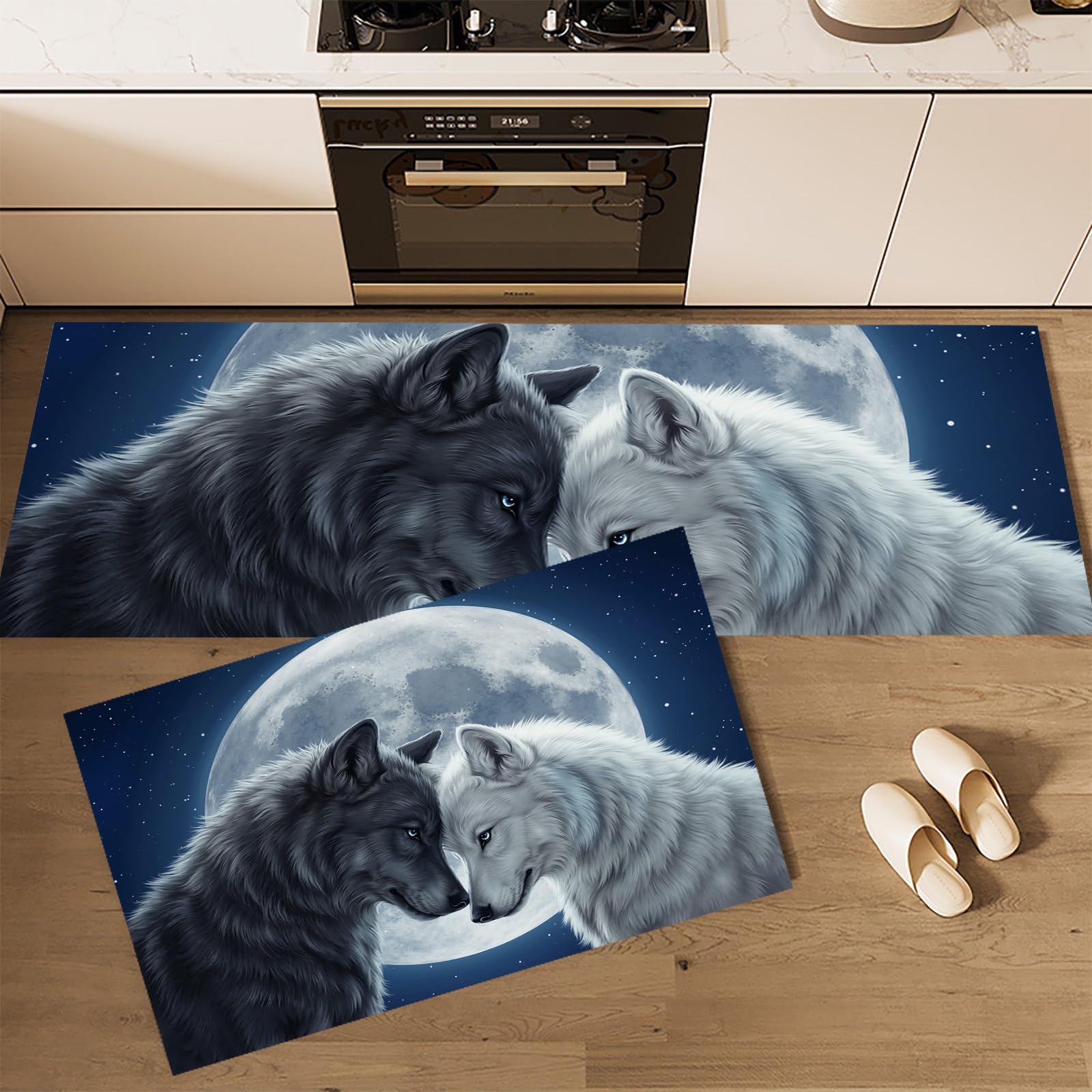 Tapis de cuisine lavable en machine au design artistique loup bleu