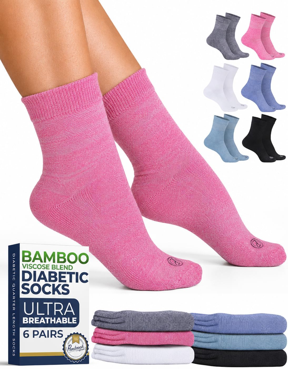 Pembrook® Bamboo Viscose Diabetic Socks for Women and Men - 6 Pairs