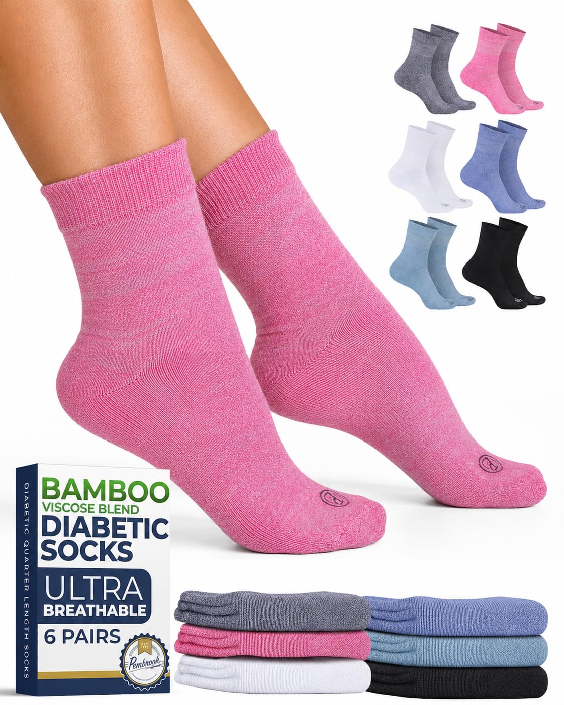 Pembrook® Bamboo Viscose Diabetic Socks for Women and Men - 6 Pairs