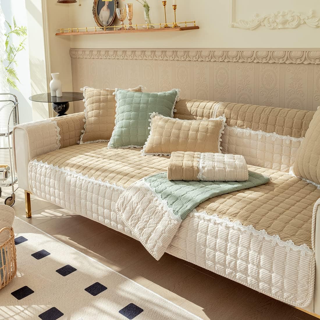 vctops Patchwork Corduroy Warm Sofa Cover Elegant Lace Quilted Sectional Couch Cover Soft Thick Non-Slip Sofa Slipcover Washable Furniture Protector for Living Room (Khaki,28"x70")