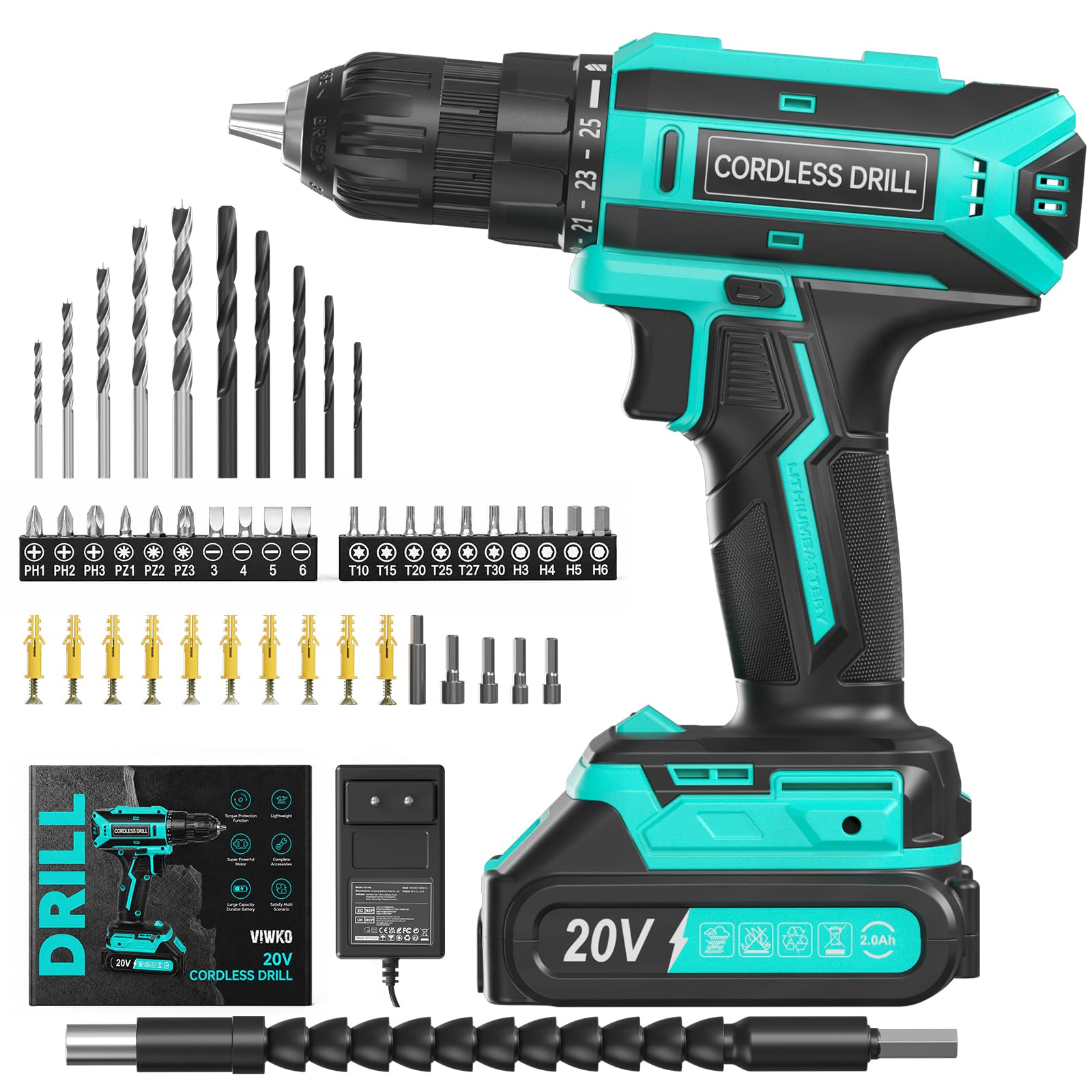 Akkuschrauber, 20V Akku Bohrschrauber, 25+1 Drehmomentstufen Akkubohrer, kompatibel mit Makita 18V Akku, 42Nm Max Drehmoment, LED-Licht, 56 tlg Zubehör Akkuschrauber Set für Reparatur & DIY Cyan