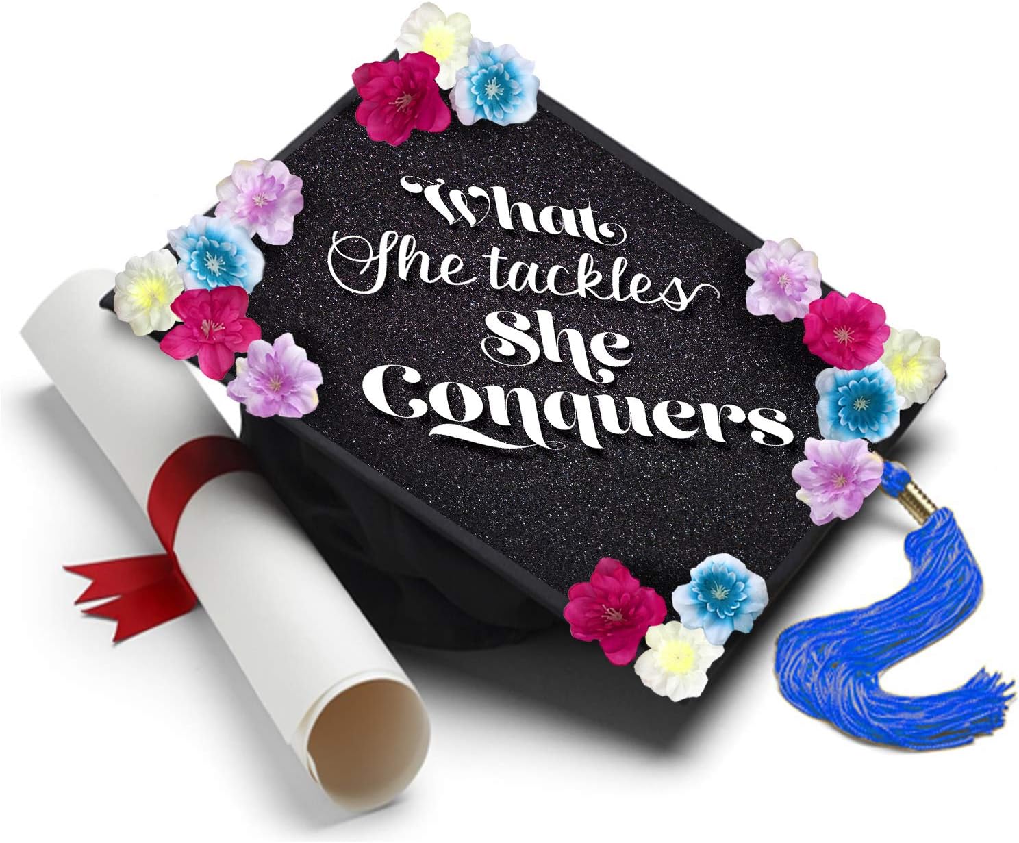 Tassel Toppers What She Tackles - Handmade Graduation Grad Cap Topper, Grad Cap Decorations or Graduation Accessory