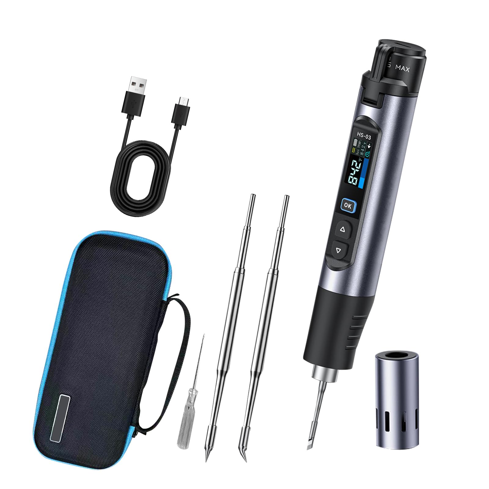 HS-03 Soldering Iron Kit Cordless, Rechargeable Soldering Iron Set 5 Speed Temperature Controlled, Pre-Set 7S, 250℃-450℃, 2600mAh Battery with 3 Soldering Tips for Welding Repair DIY Projects