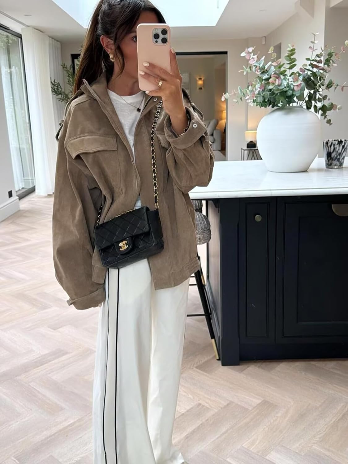 Women’s Suede Leather Jacket High Collar Long Cuffed Sleeves Pockets Zipper Oversized Coat - Image 9