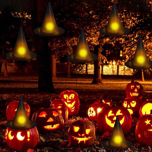Miniatura 6 de YUJUN 24 sombreros de bruja colgantes de Halloween, sombreros de bruja negros iluminados con murciélagos 3D, decoración para interiores y